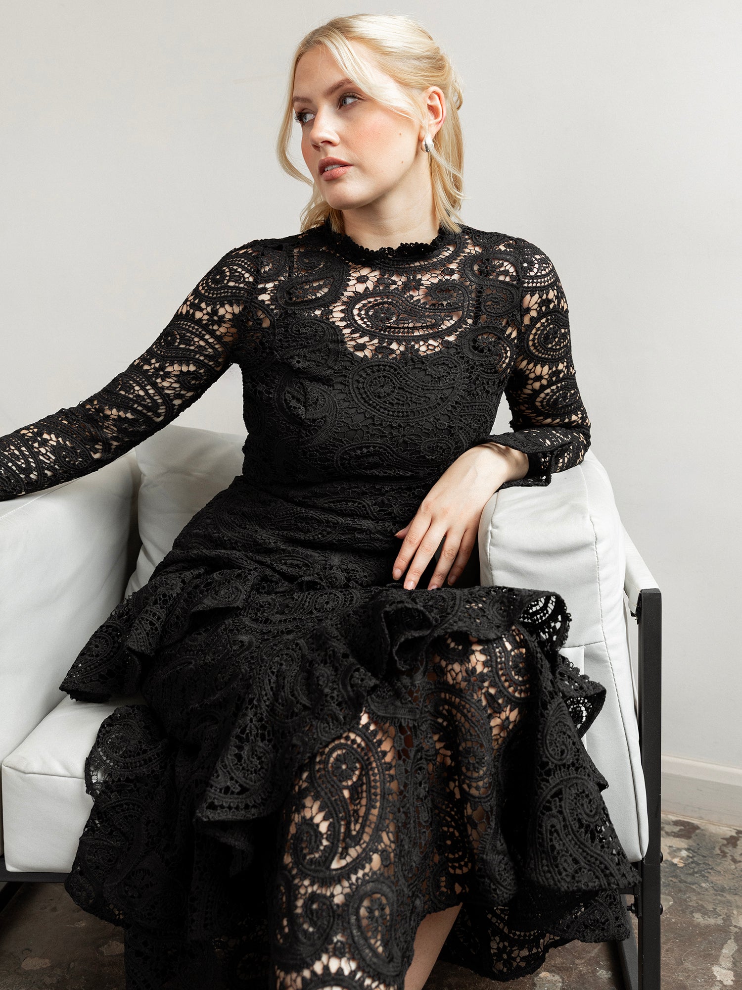 Maya Black Lace High Neck Long Sleeve Ruffle Midaxi Dress
