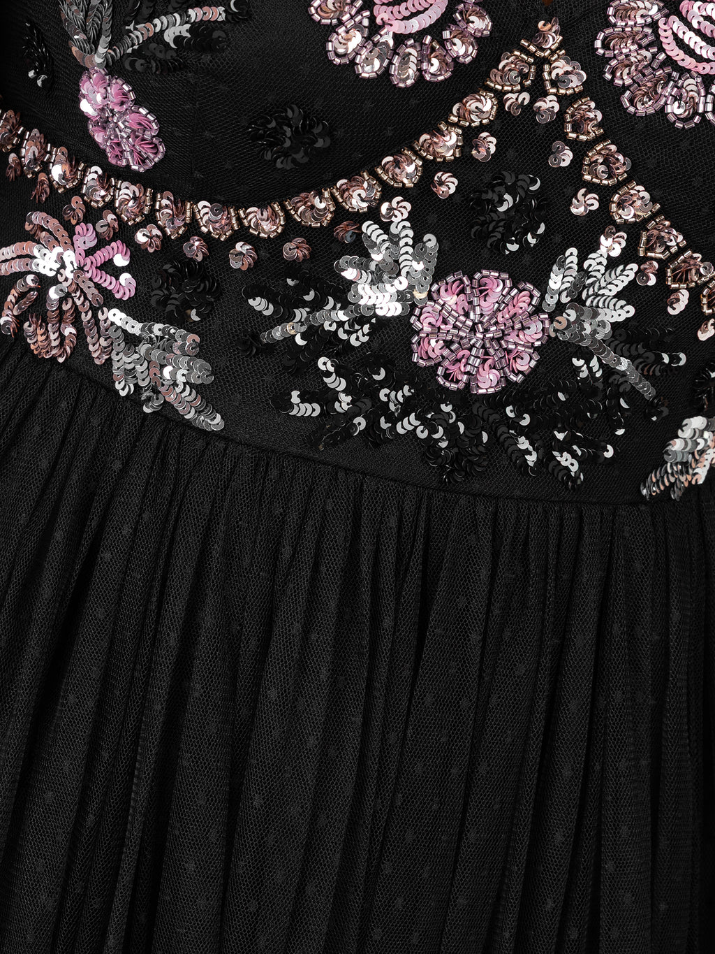 Maya Black Floral Embellished Spot Mesh Maxi Dress
