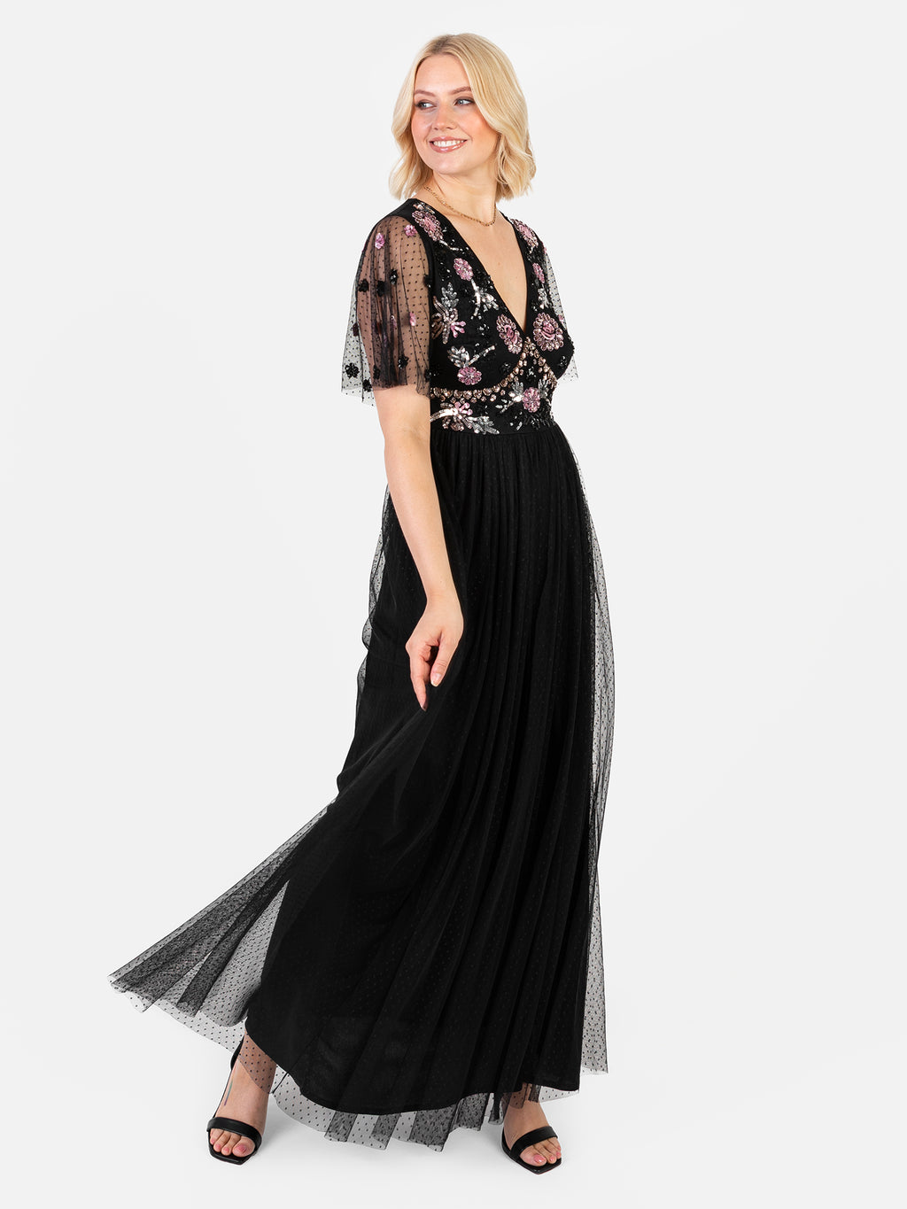 Maya Black Floral Embellished Spot Mesh Maxi Dress