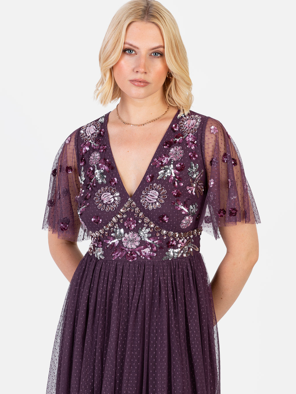 Maya Berry Floral Embellished Spot Mesh Maxi Dress