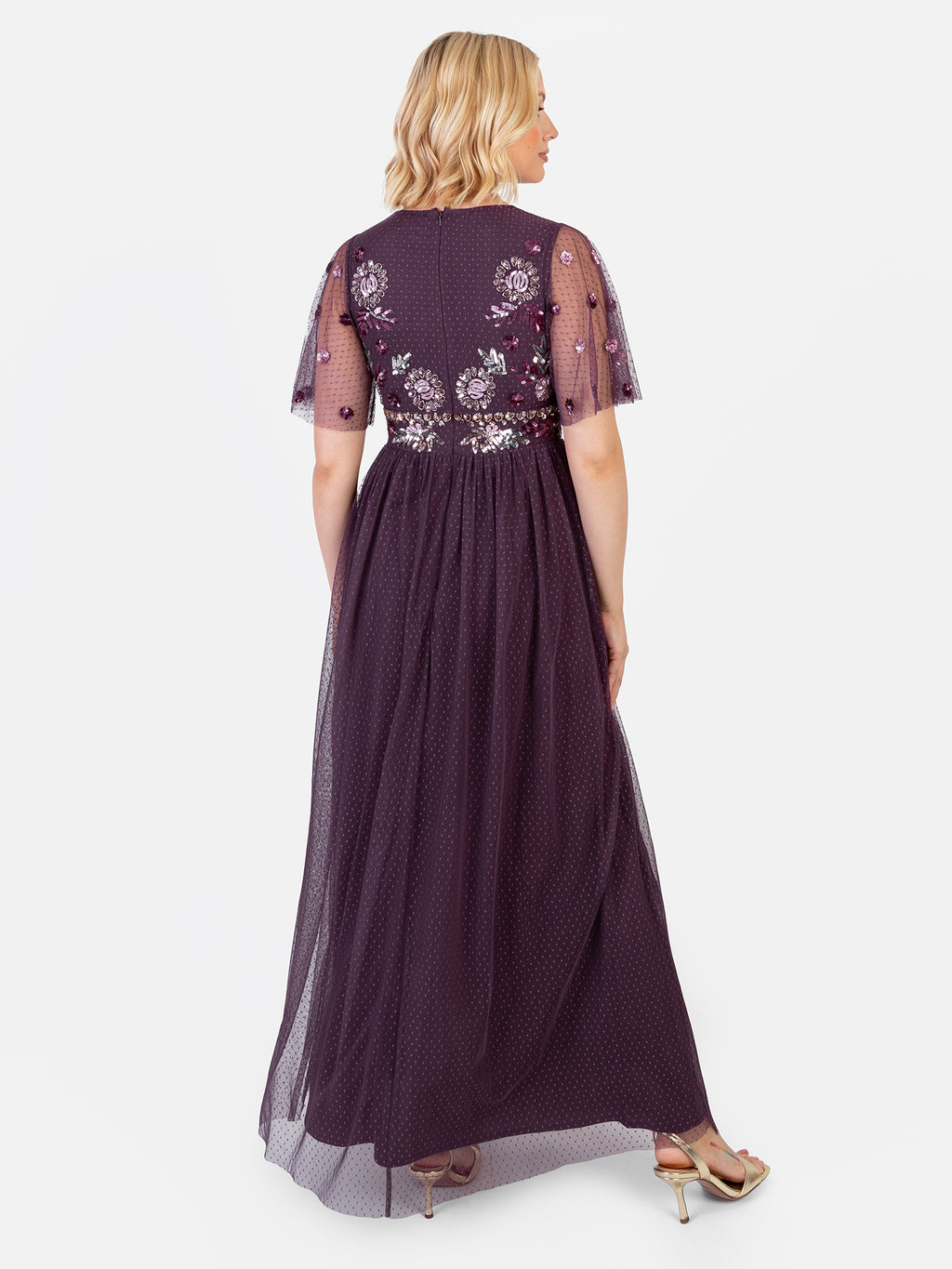 Maya Berry Floral Embellished Spot Mesh Maxi Dress