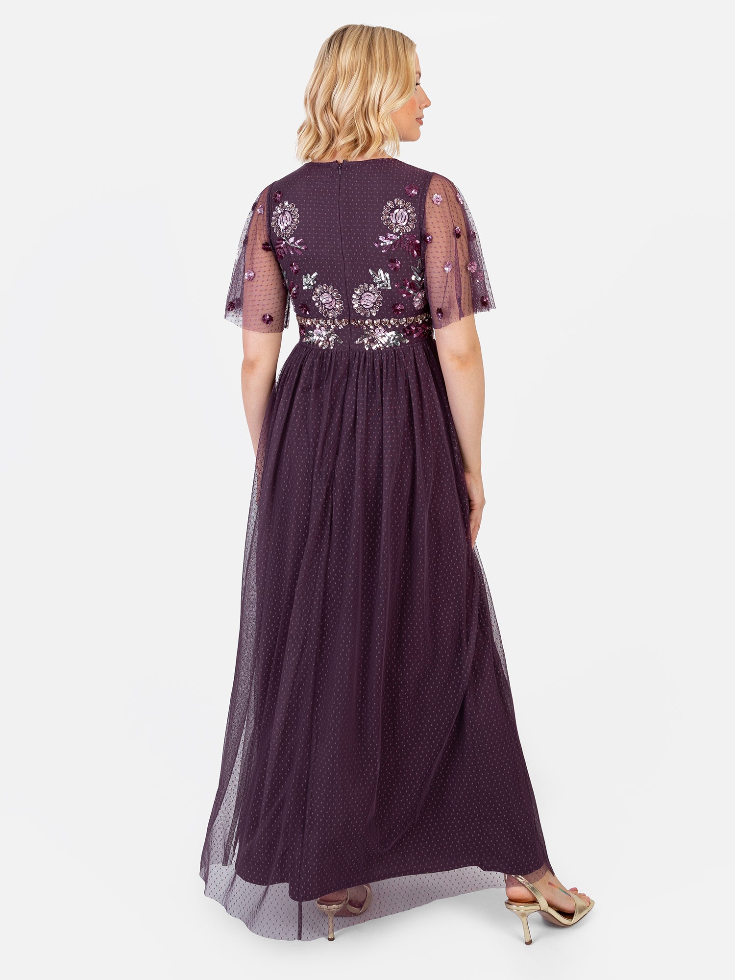 Maya Berry Floral Embellished Spot Mesh Maxi Dress