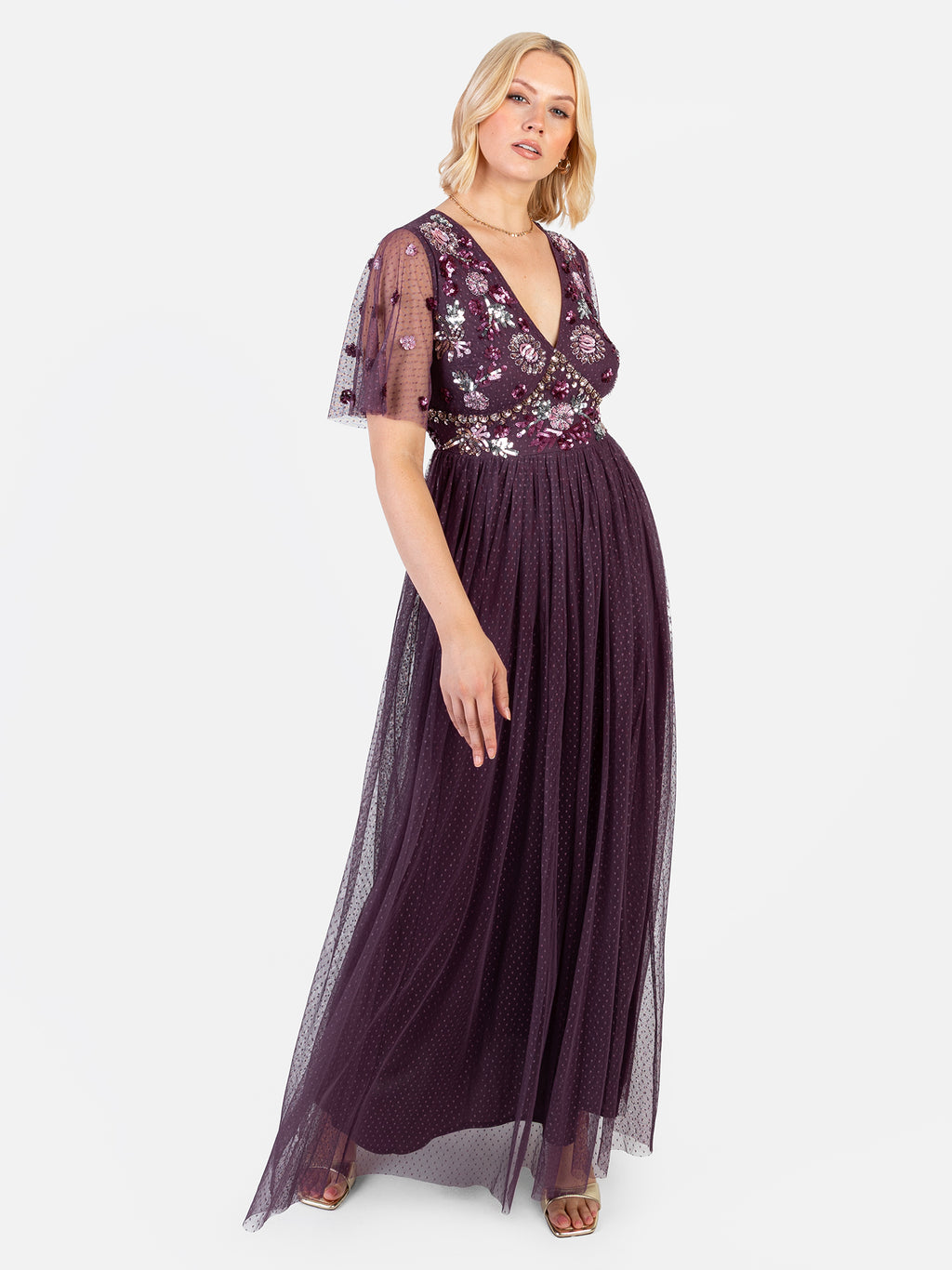 Maya Berry Floral Embellished Spot Mesh Maxi Dress