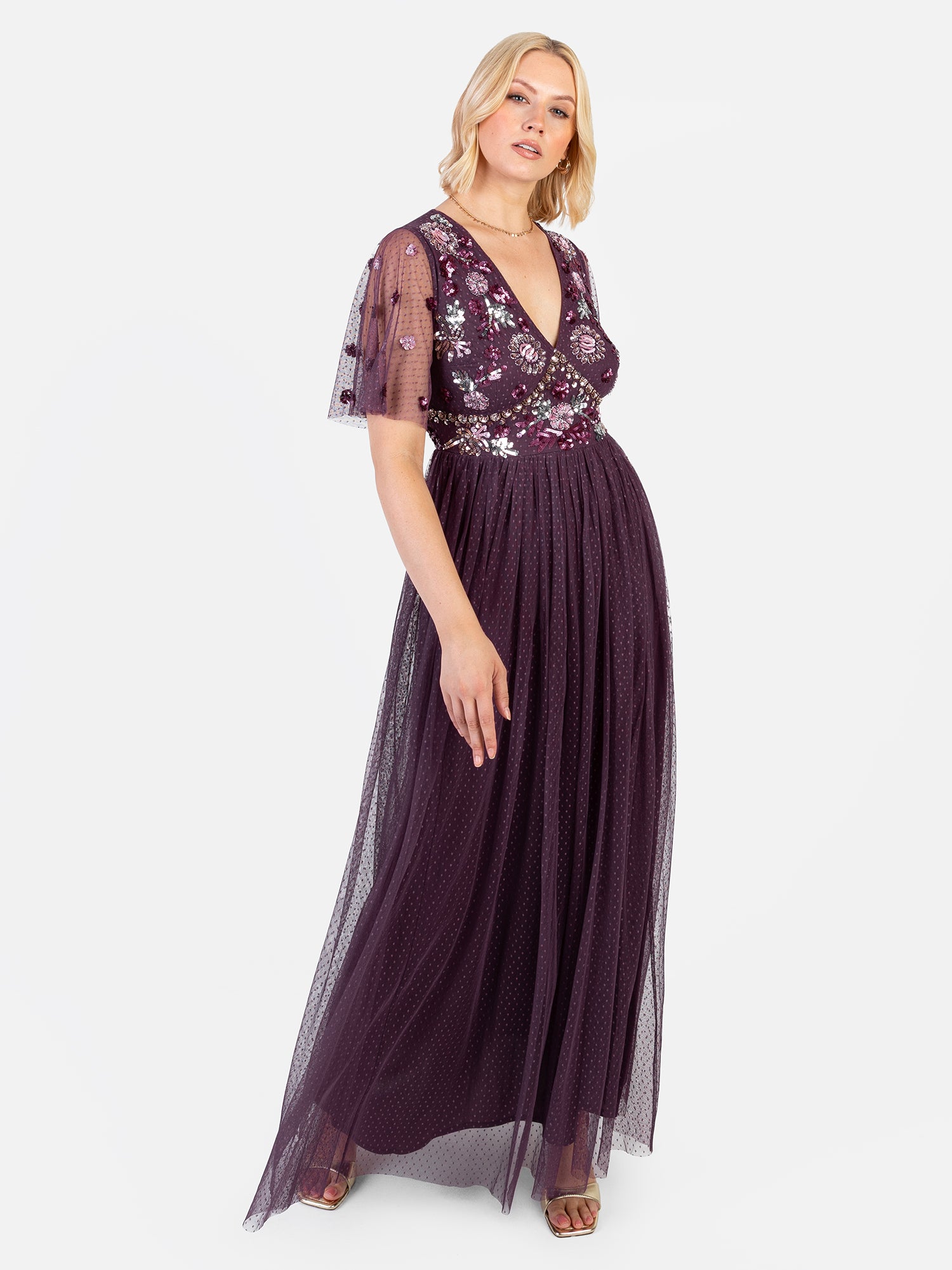 Maya Berry Floral Embellished Spot Mesh Maxi Dress