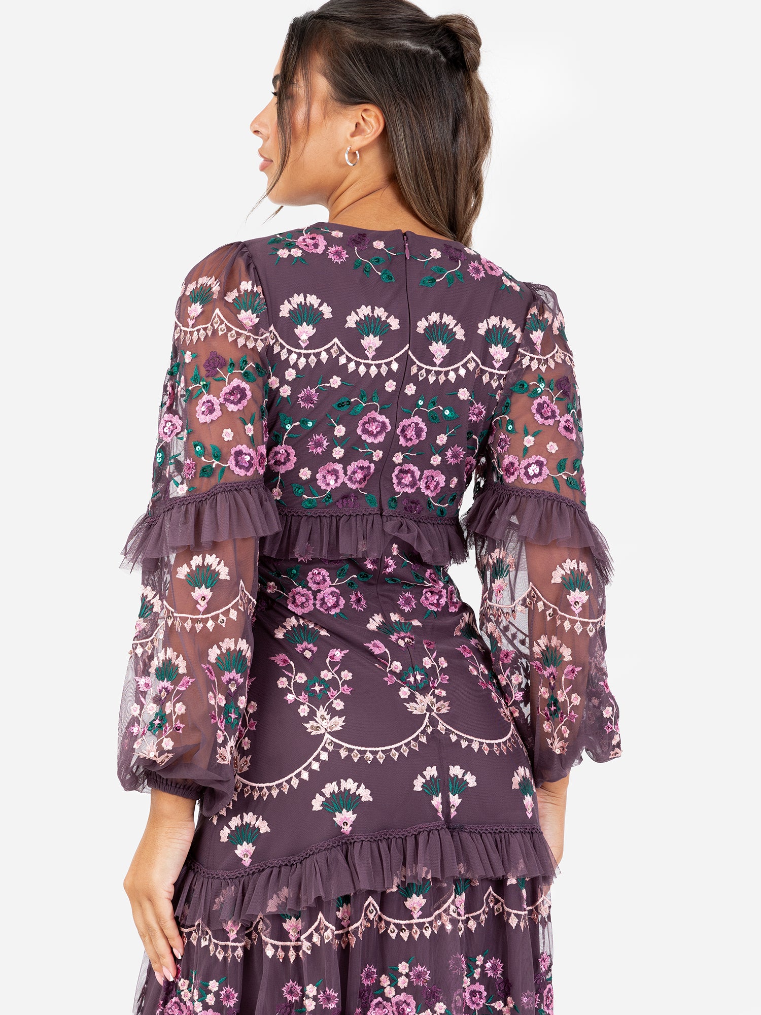 Maya Berry Fully Embroidered Long Sleeve Maxi Dress with Frill Detail