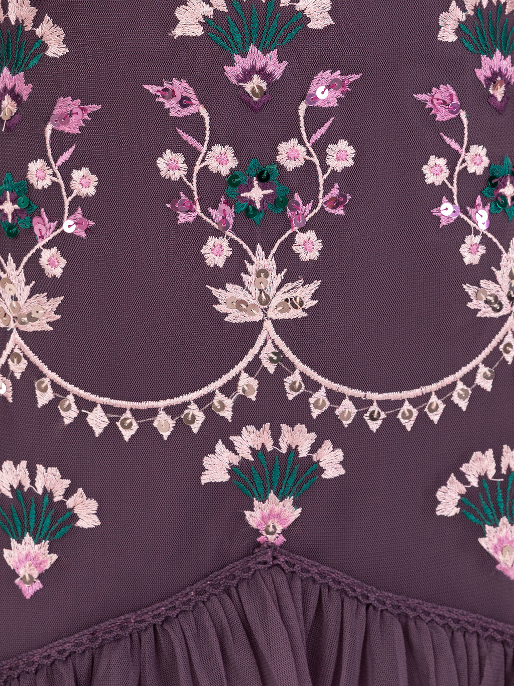 Maya Berry Fully Embroidered Long Sleeve Maxi Dress with Frill Detail
