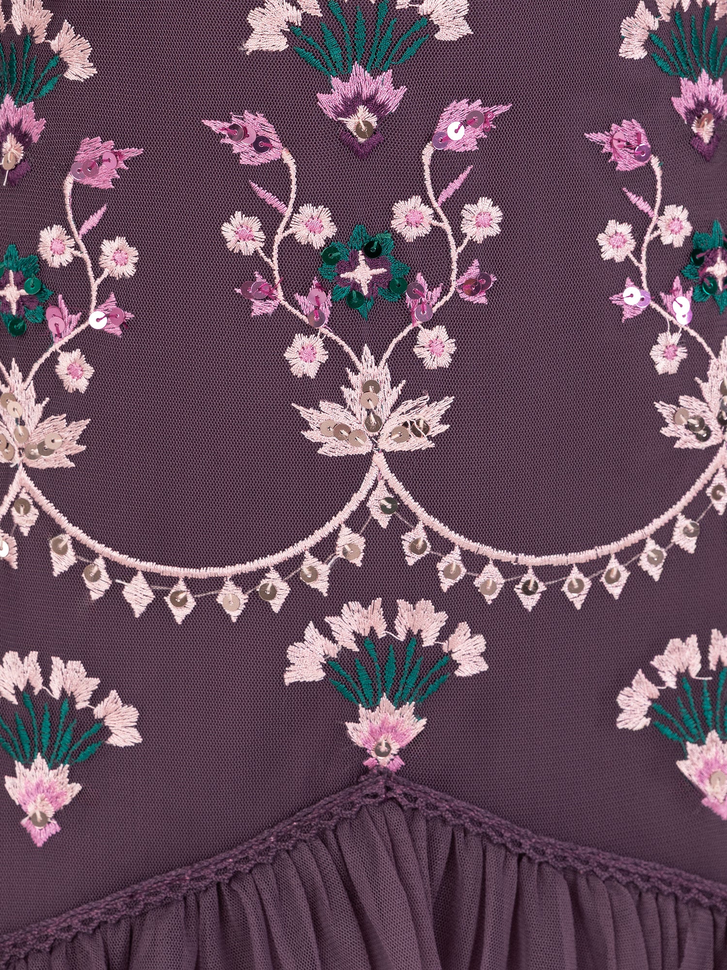 Maya Berry Fully Embroidered Long Sleeve Maxi Dress with Frill Detail