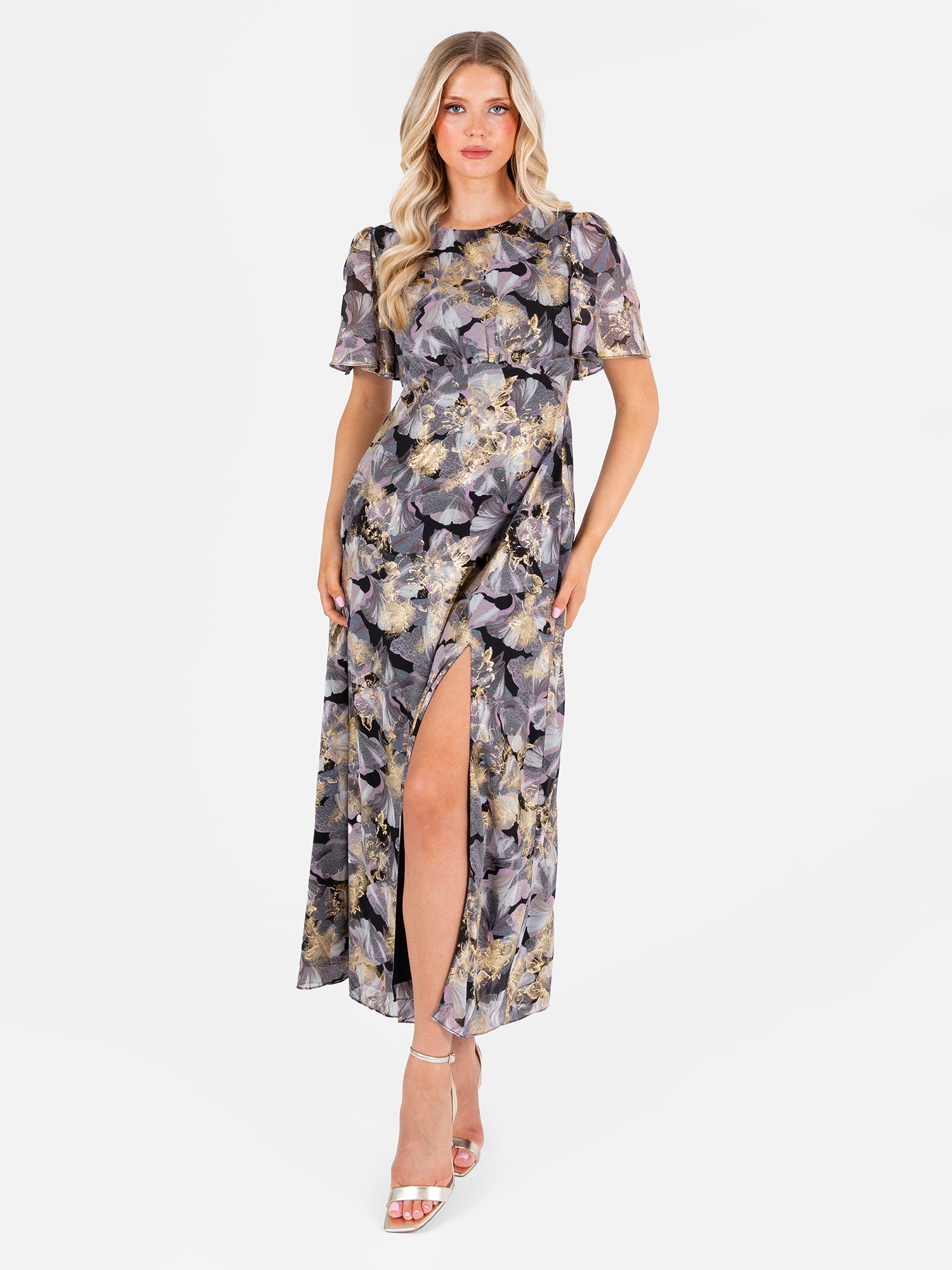 Lovedrobe Floral Angel Sleeve Midaxi Dress with Gold Detail
