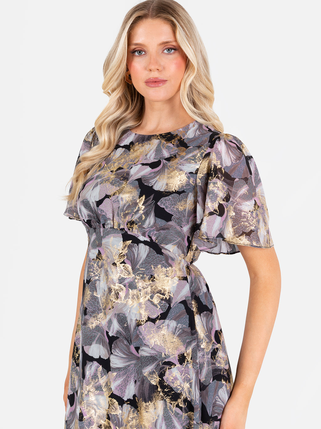 Lovedrobe Floral Angel Sleeve Midaxi Dress with Gold Detail