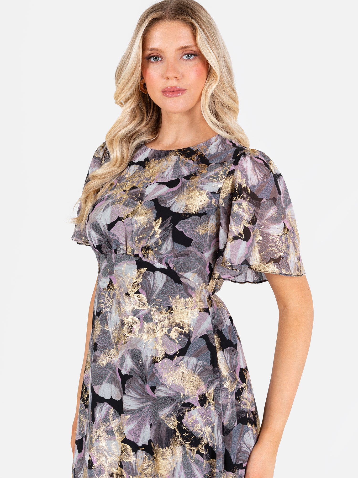 Lovedrobe Floral Angel Sleeve Midaxi Dress with Gold Detail