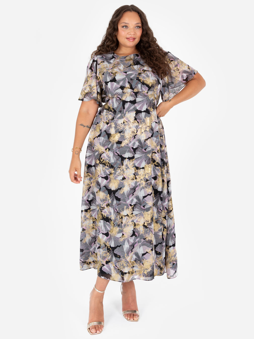 Lovedrobe Floral Angel Sleeve Midaxi Dress with Gold Detail