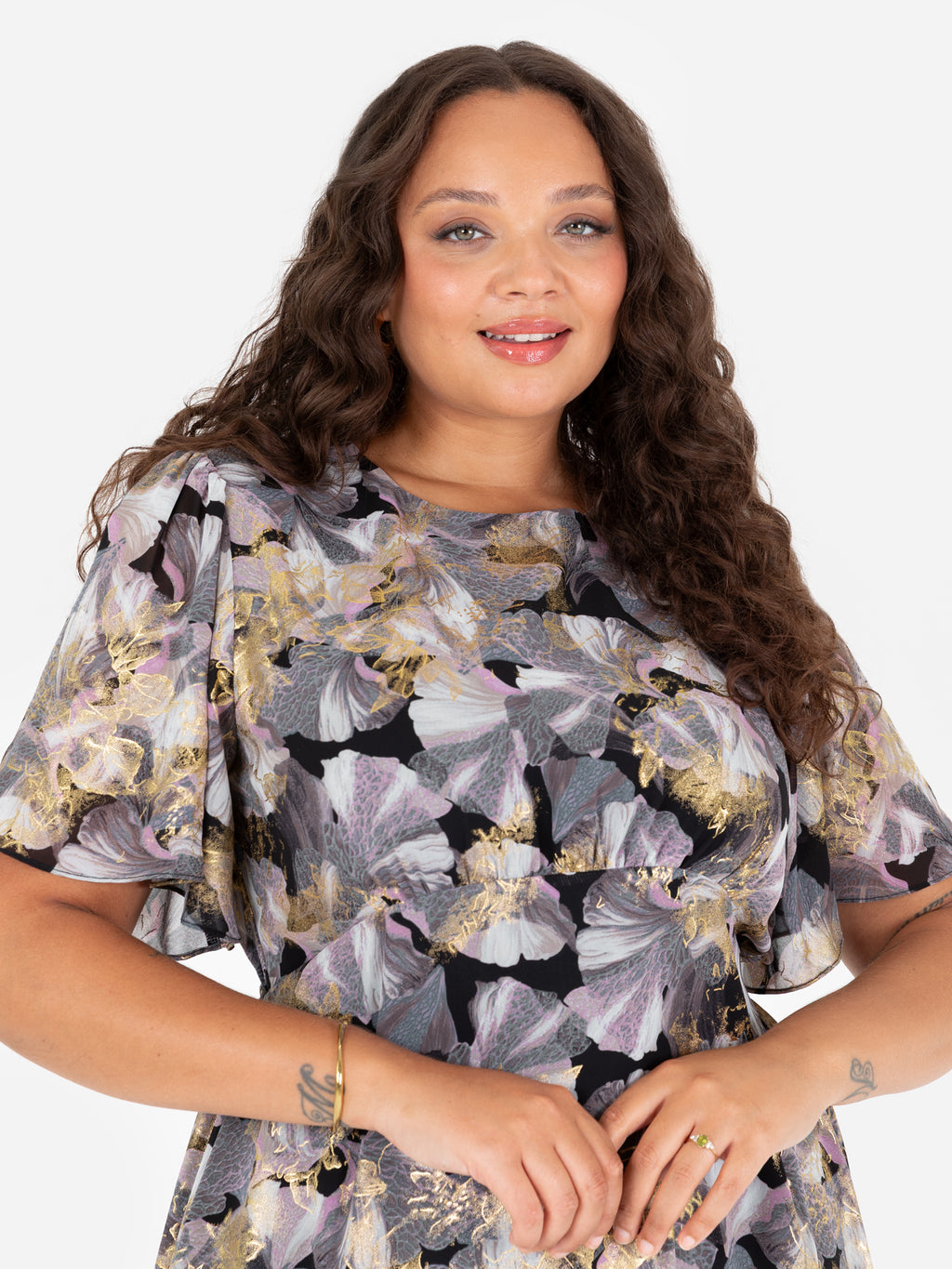 Lovedrobe Floral Angel Sleeve Midaxi Dress with Gold Detail