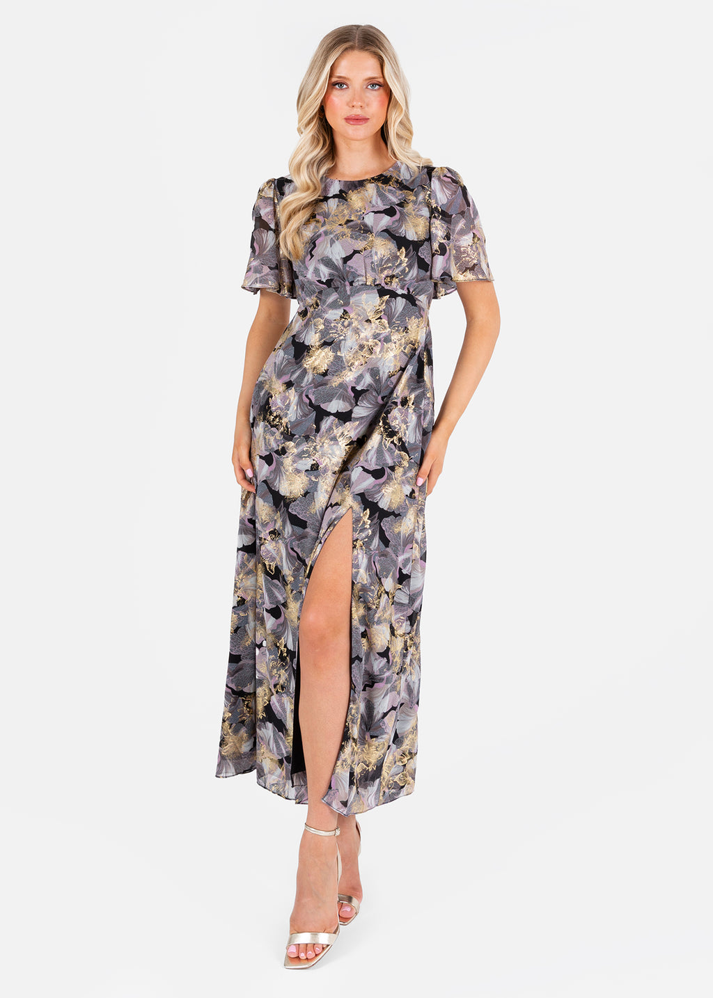 Lovedrobe Floral Angel Sleeve Midaxi Dress with Gold Detail