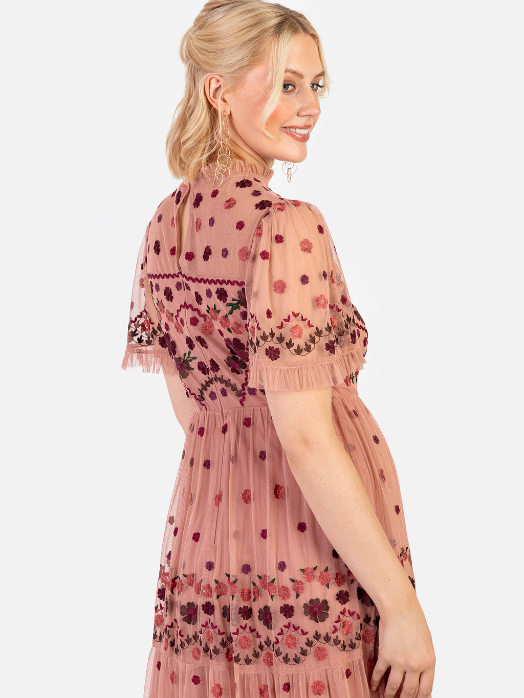 Maya Teraccotta Pink Floral Embroidered High Neck Maxi Dress