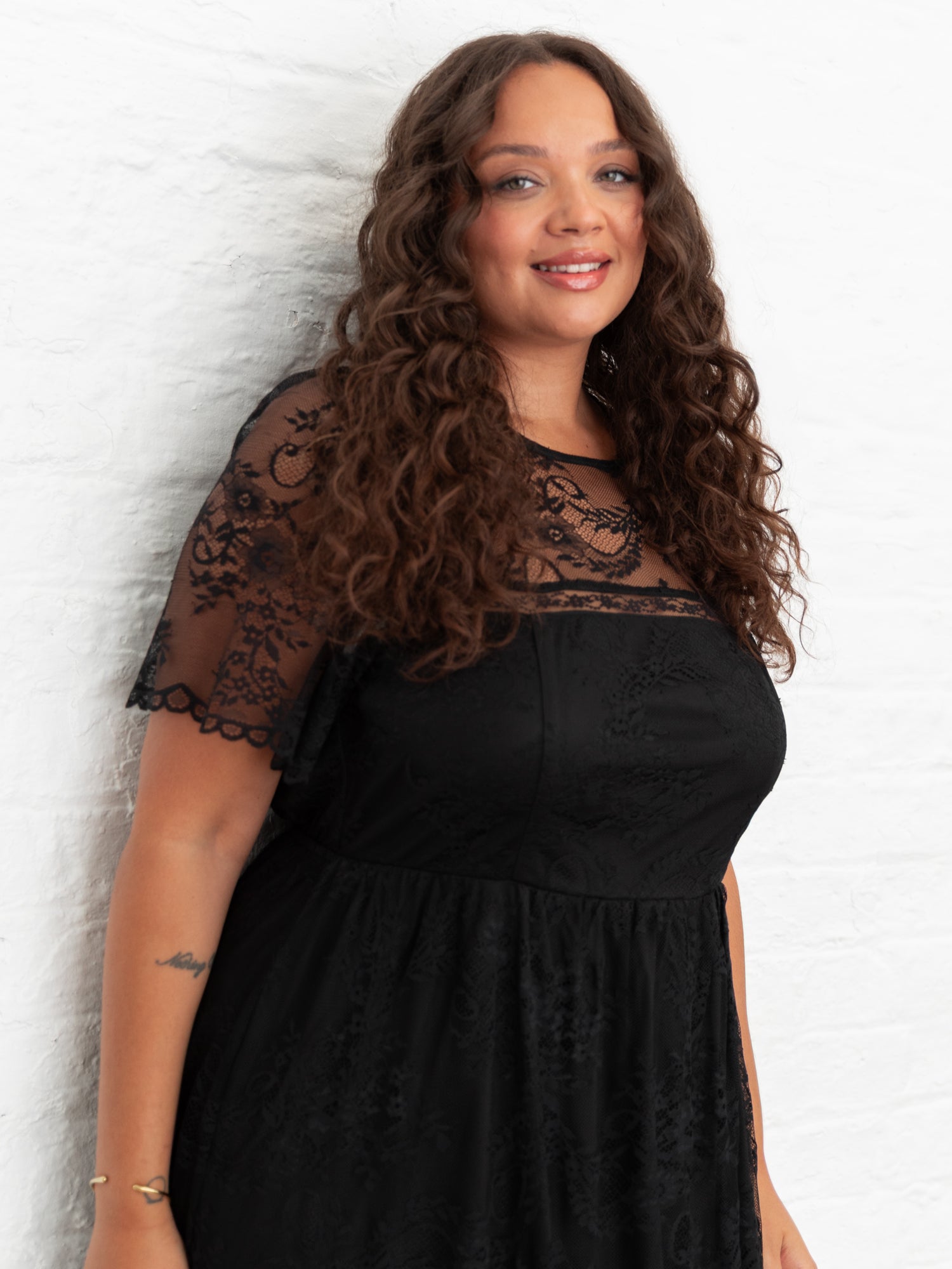Lovedrobe Black Short Sleeve Lace Midi Dress