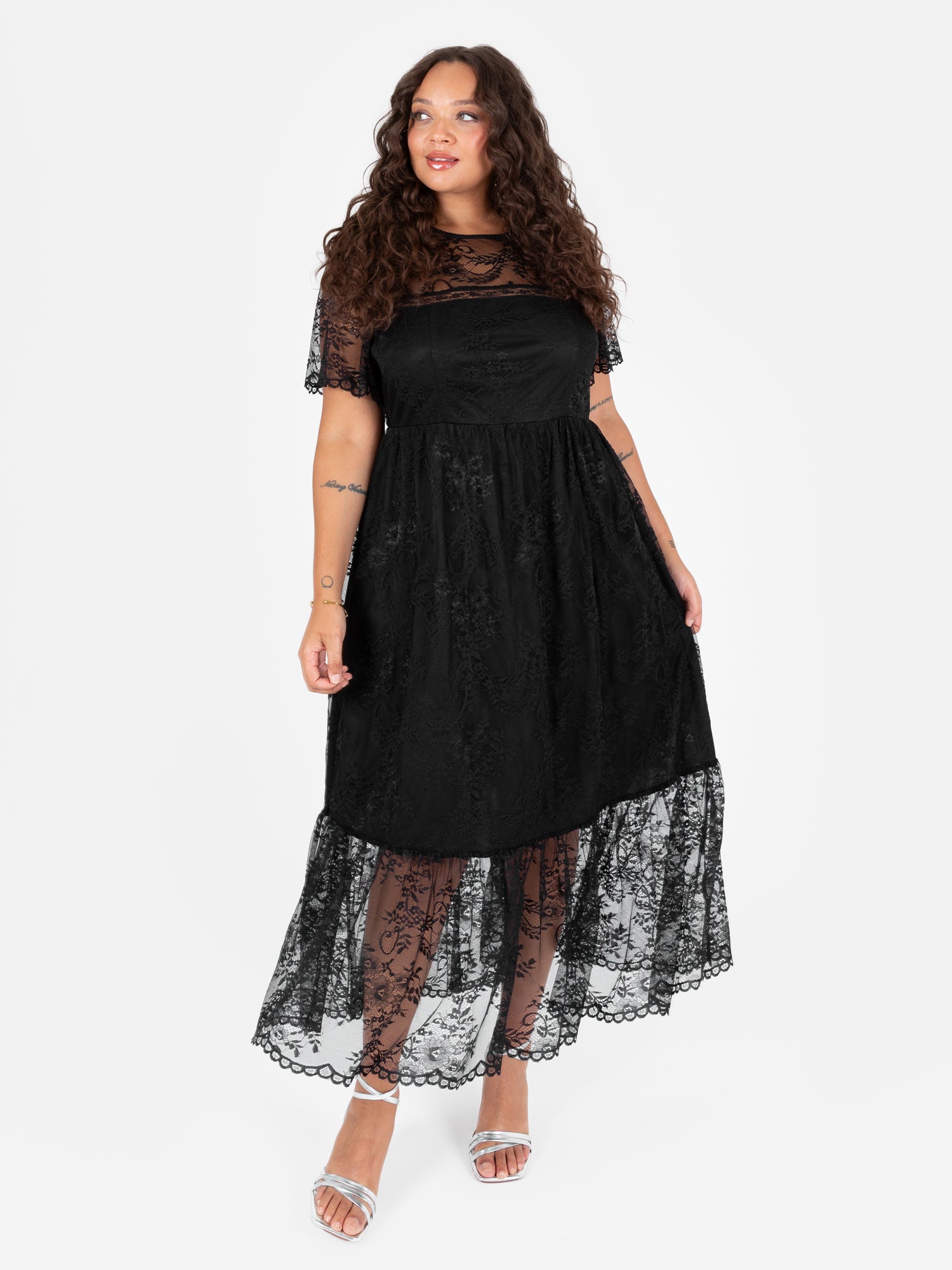 Lovedrobe Black Short Sleeve Lace Midi Dress