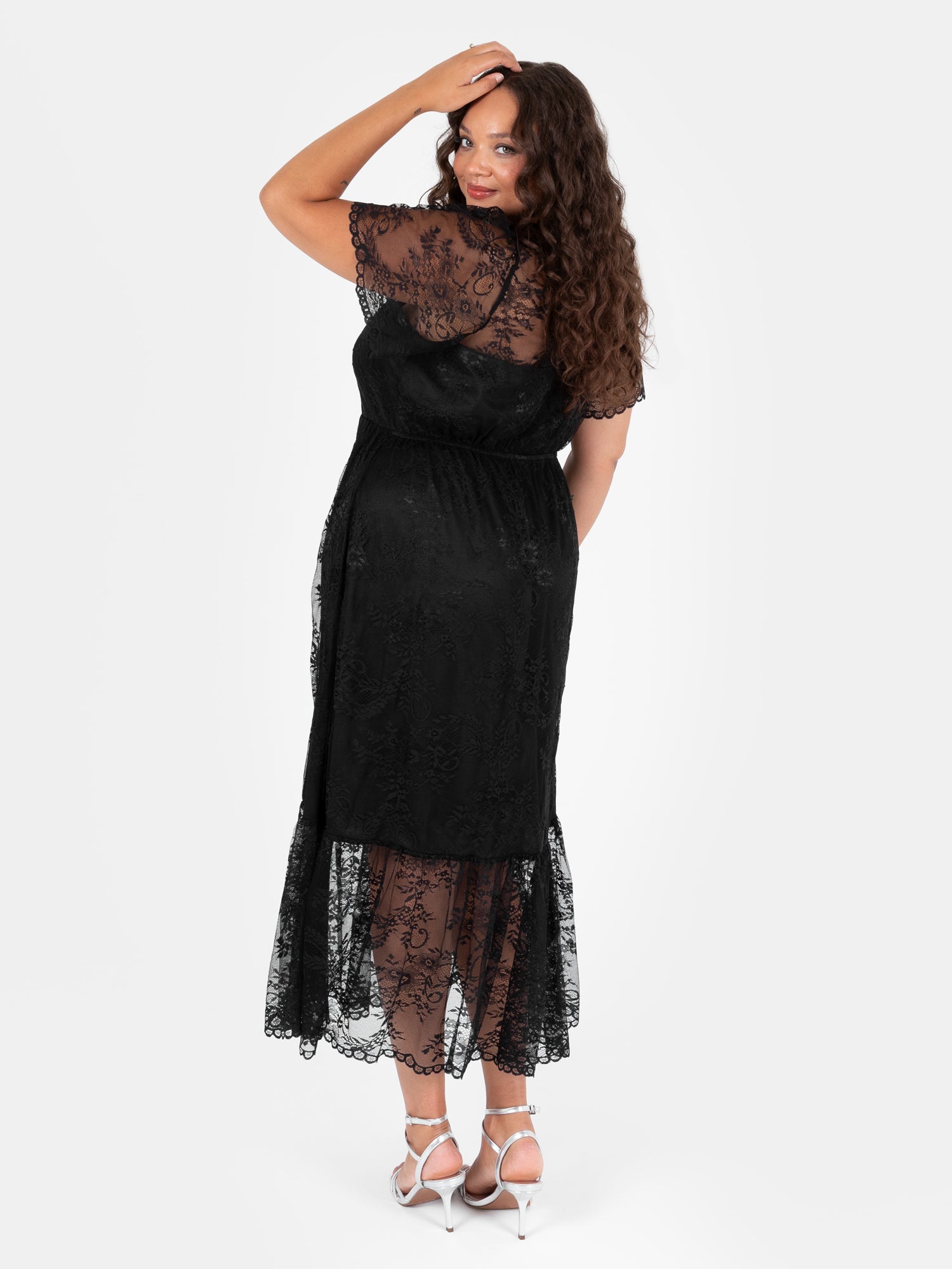 Lovedrobe Black Short Sleeve Lace Midi Dress