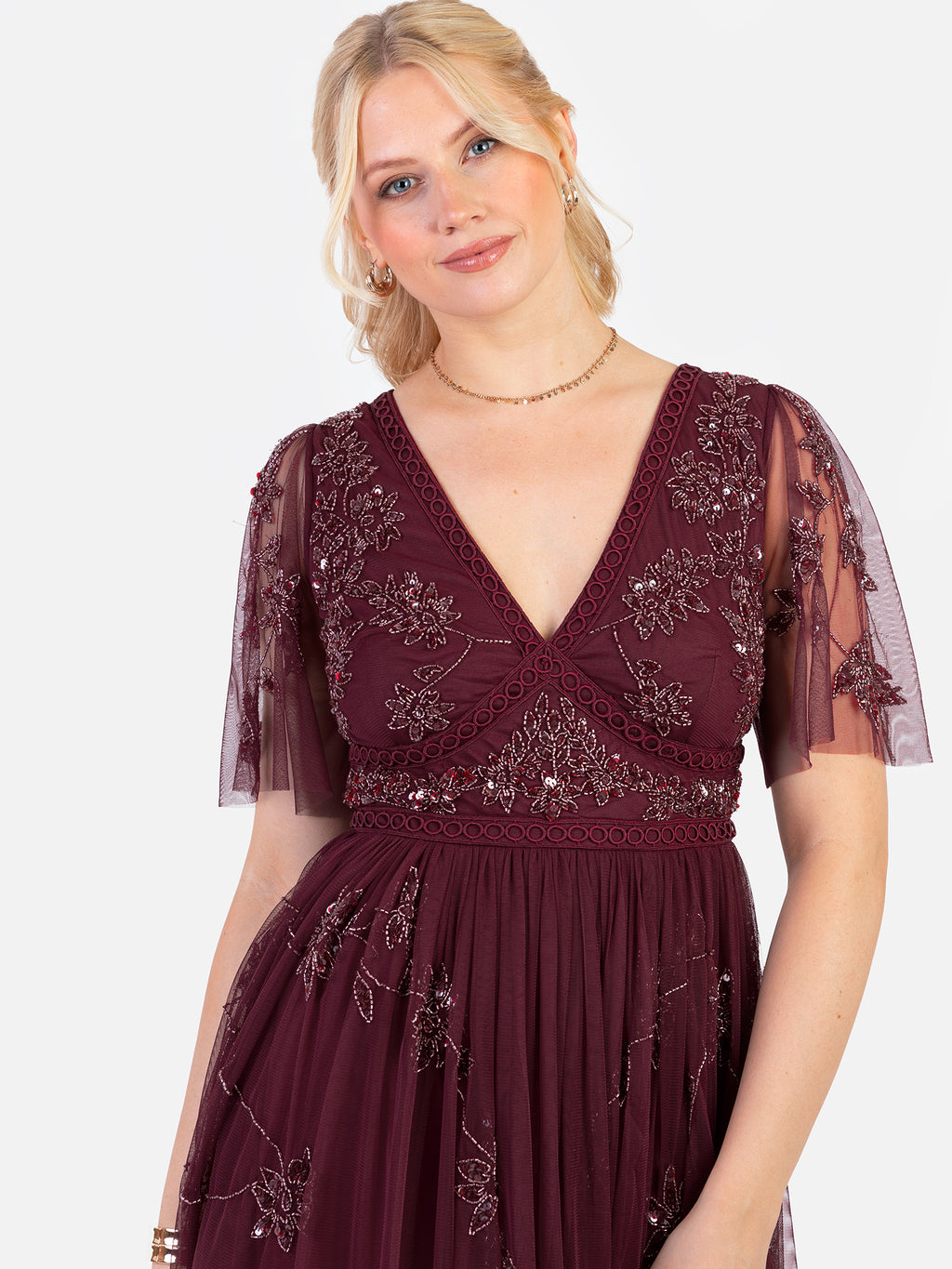 Maya Cranberry Embellished Angel Sleeve & Open Back Midaxi Dress
