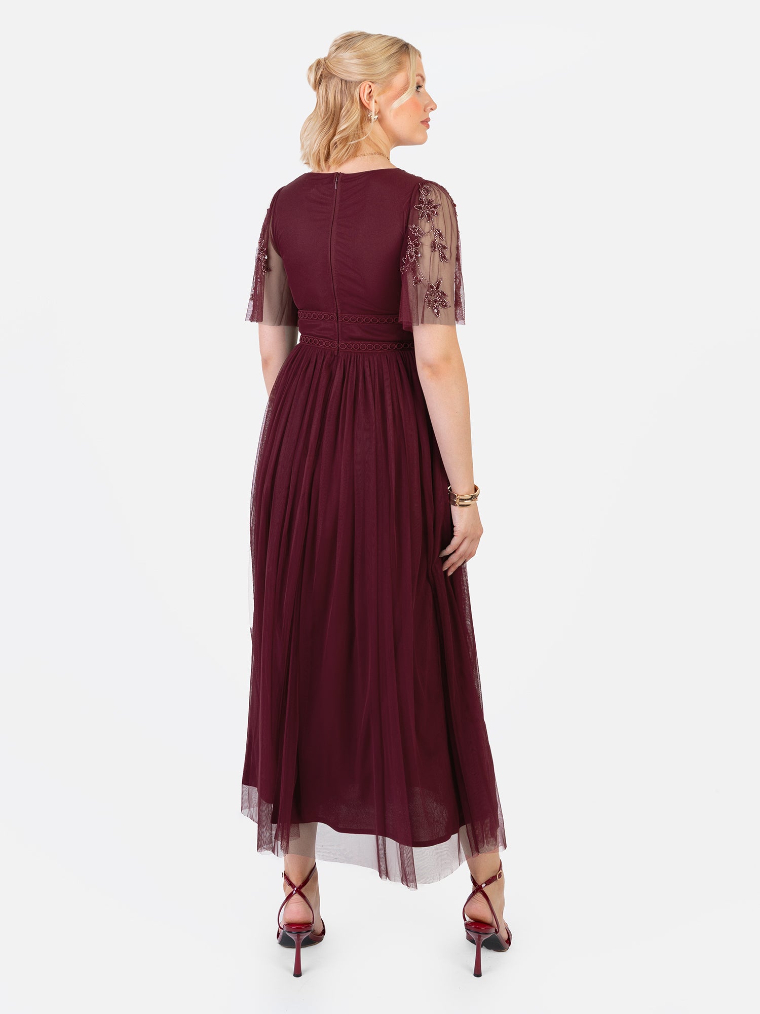 Maya Cranberry Embellished Angel Sleeve & Open Back Midaxi Dress