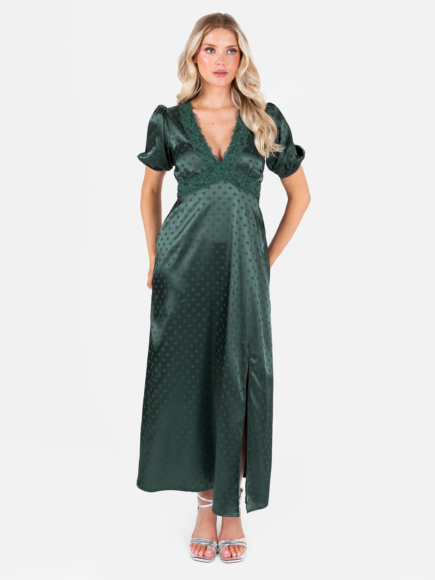 Lovedrobe Emerald Polka Dot V Neck Midaxi Dress with Lace Trim