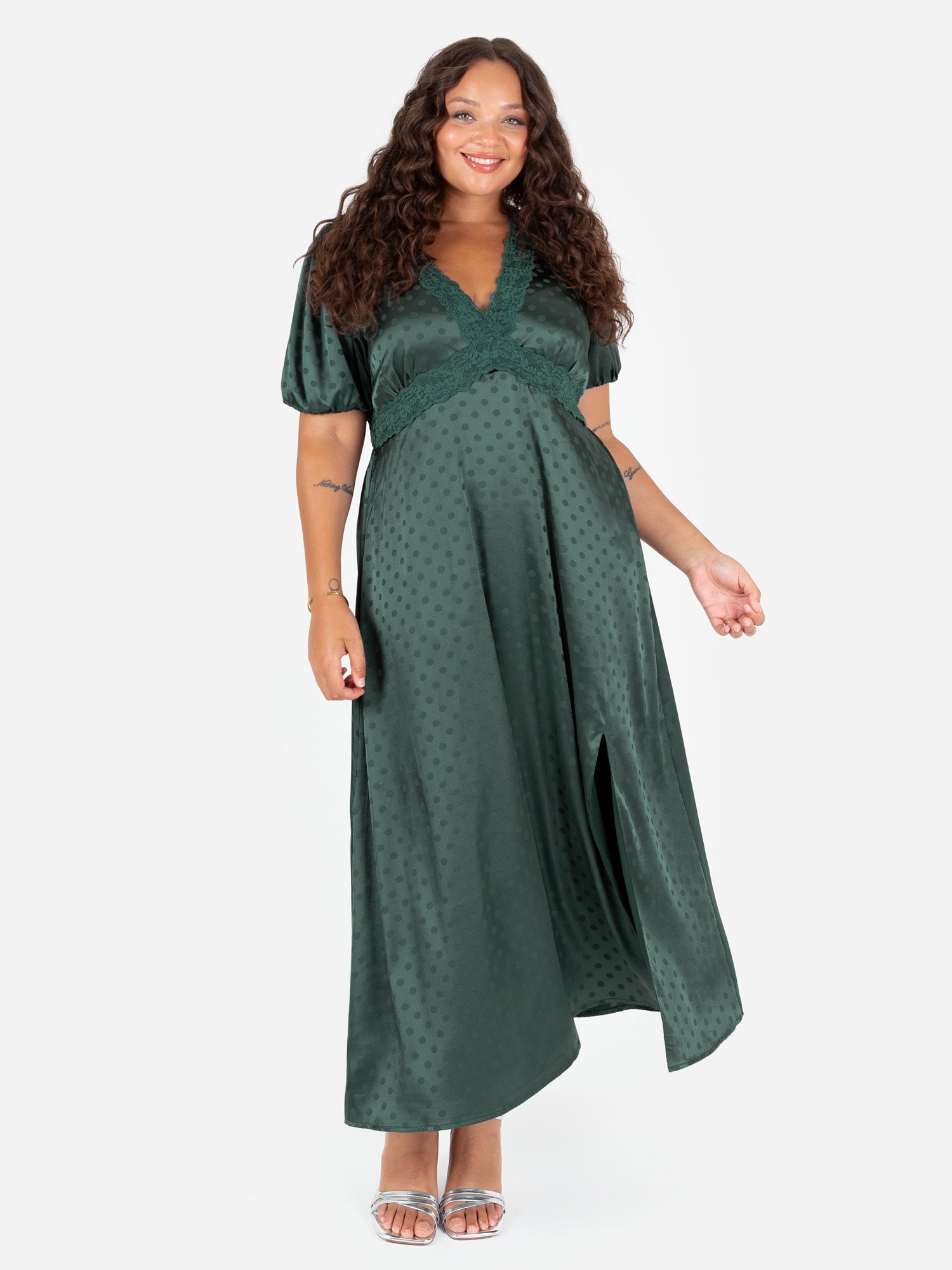 Lovedrobe Emerald Polka Dot V Neck Midaxi Dress with Lace Trim