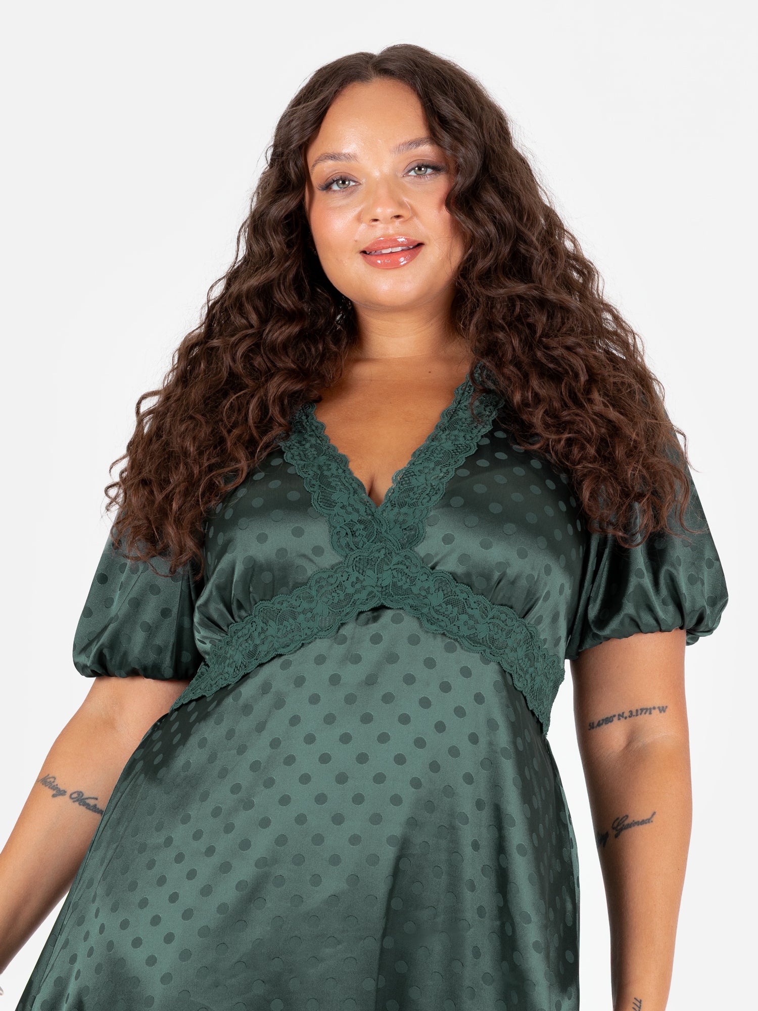 Lovedrobe Emerald Polka Dot V Neck Midaxi Dress with Lace Trim