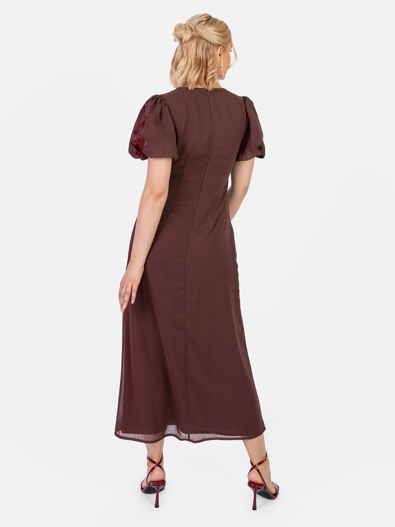 Maya Brown Embroidered Short Sleeve V Neck Midaxi Dress
