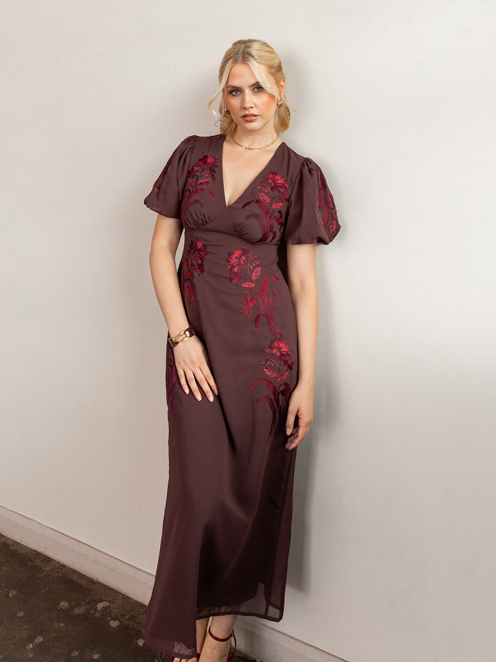 Maya Brown Embroidered Short Sleeve V Neck Midaxi Dress