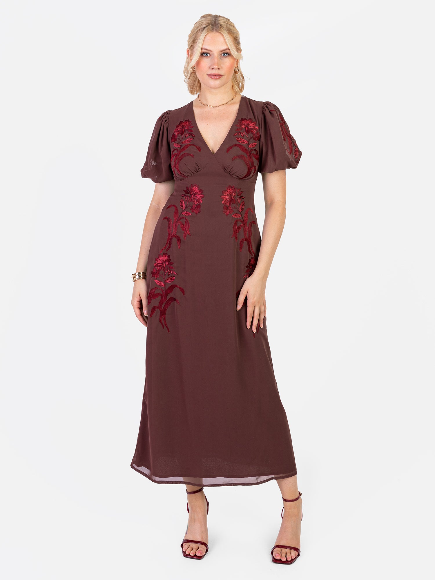 Maya Brown Embroidered Short Sleeve V Neck Midaxi Dress