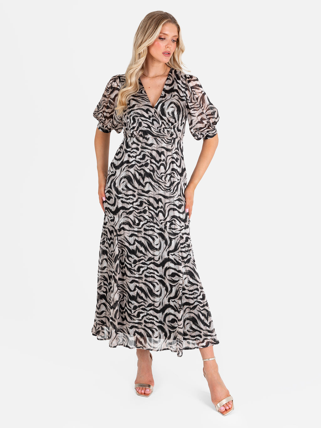 Lovedrobe Animal Print Faux Wrap Puff Sleeve Midaxi Dress