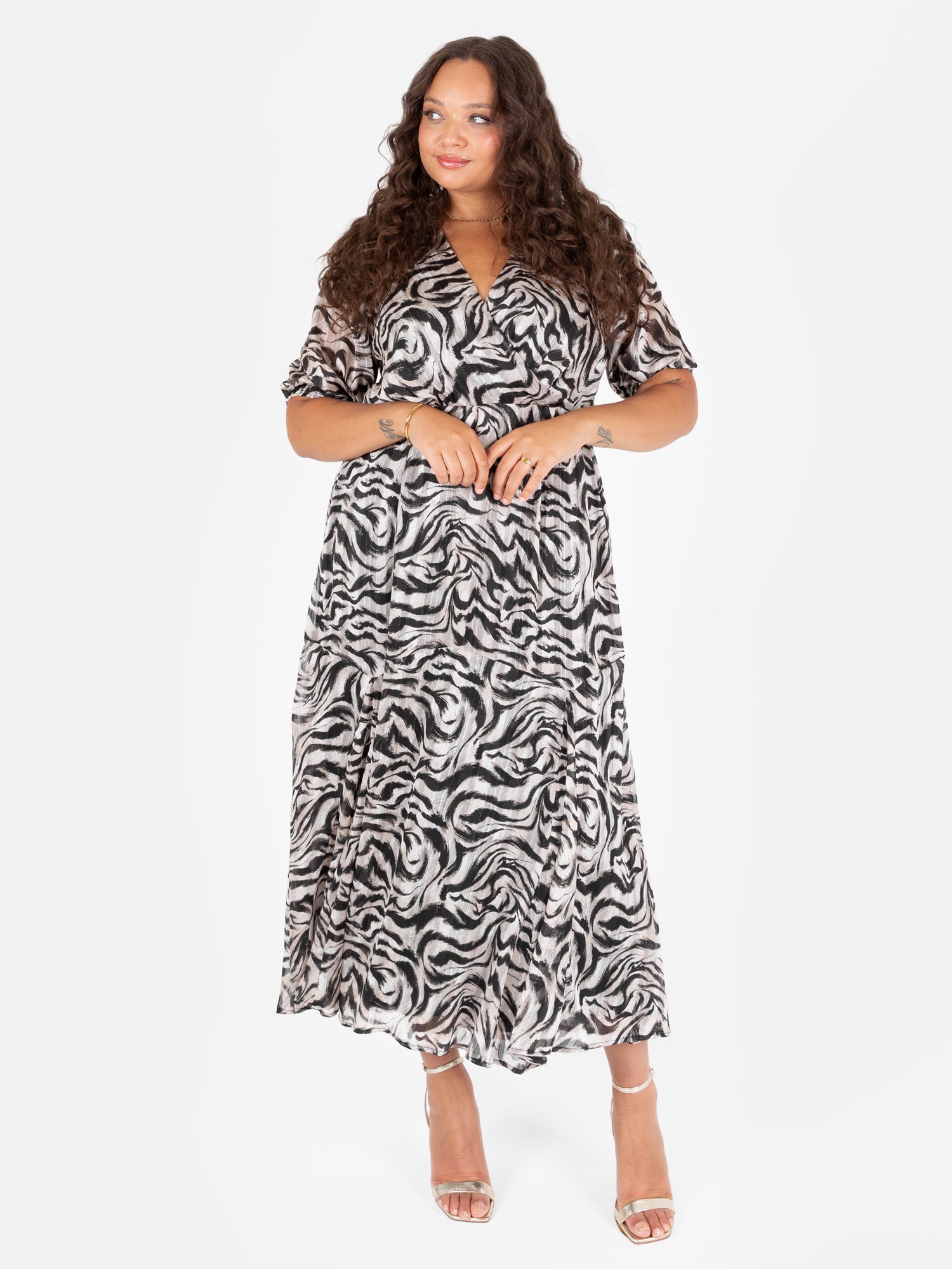 Lovedrobe Animal Print Faux Wrap Puff Sleeve Midaxi Dress