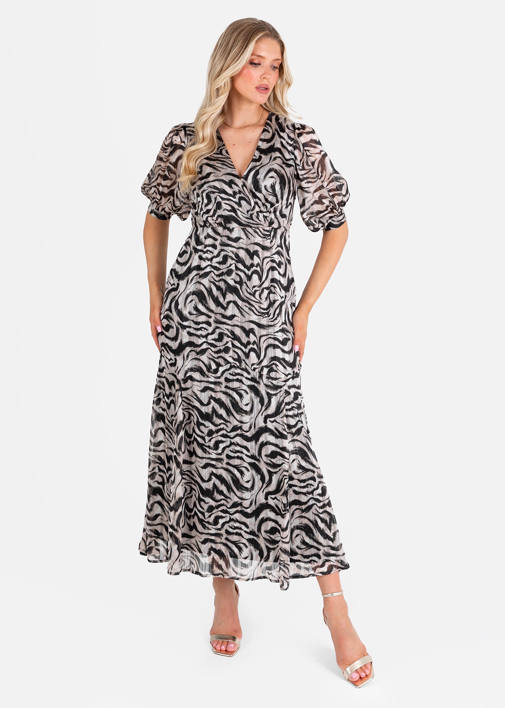 Lovedrobe Animal Print Faux Wrap Puff Sleeve Midaxi Dress