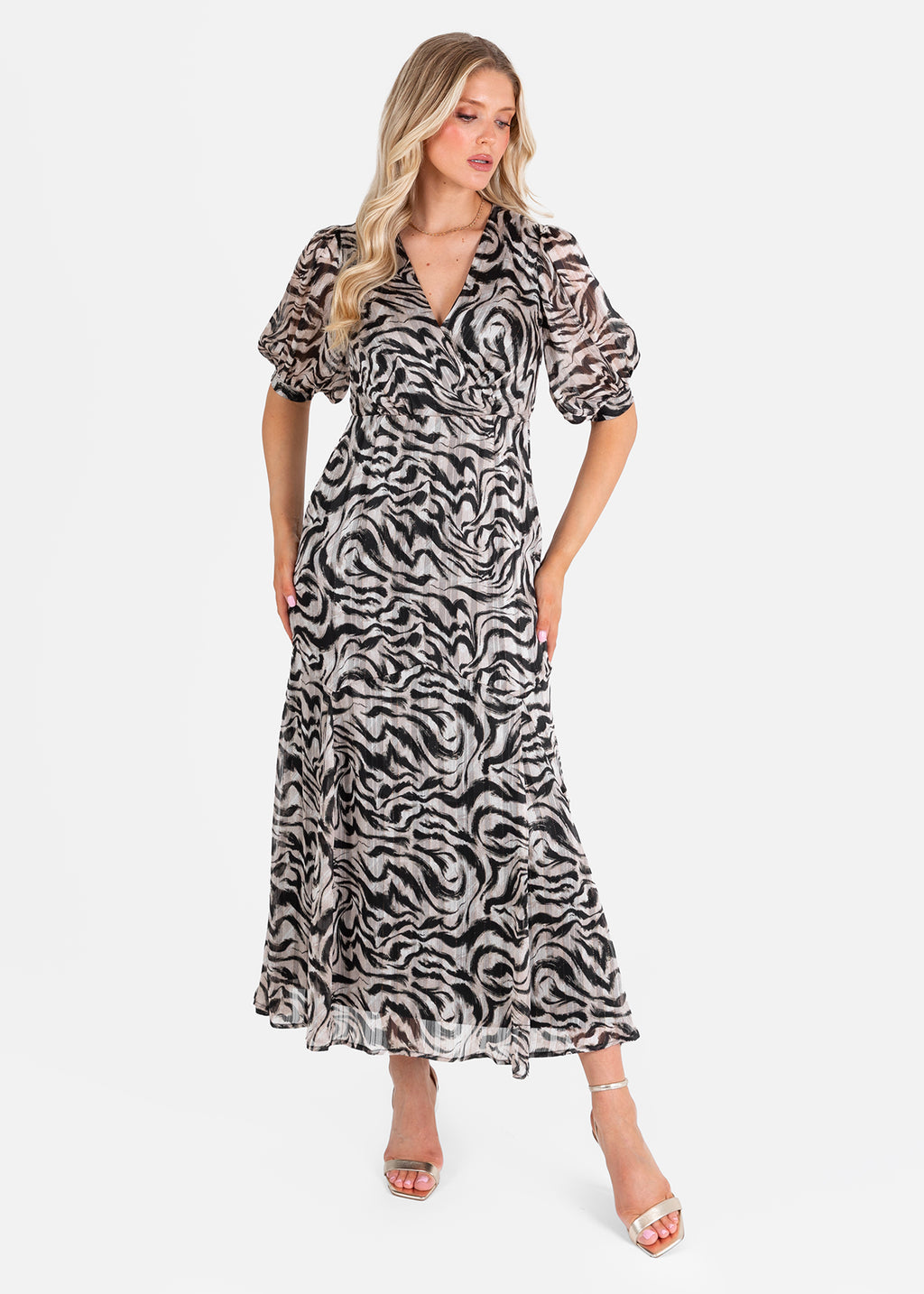 Lovedrobe Animal Print Faux Wrap Puff Sleeve Midaxi Dress