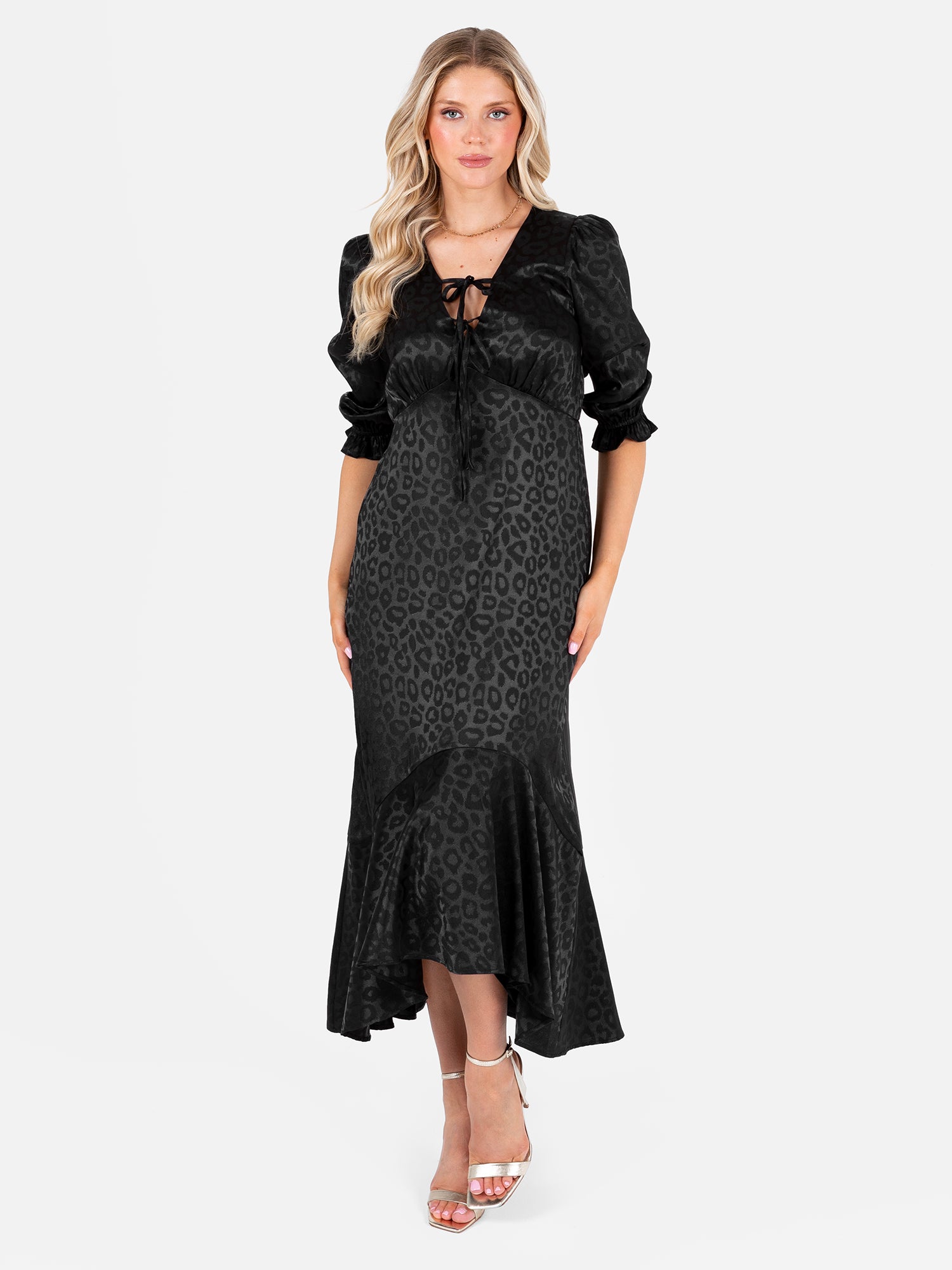 Lovedrobe Black Animal Jacquard Tie Neck High-Low Hem Dress