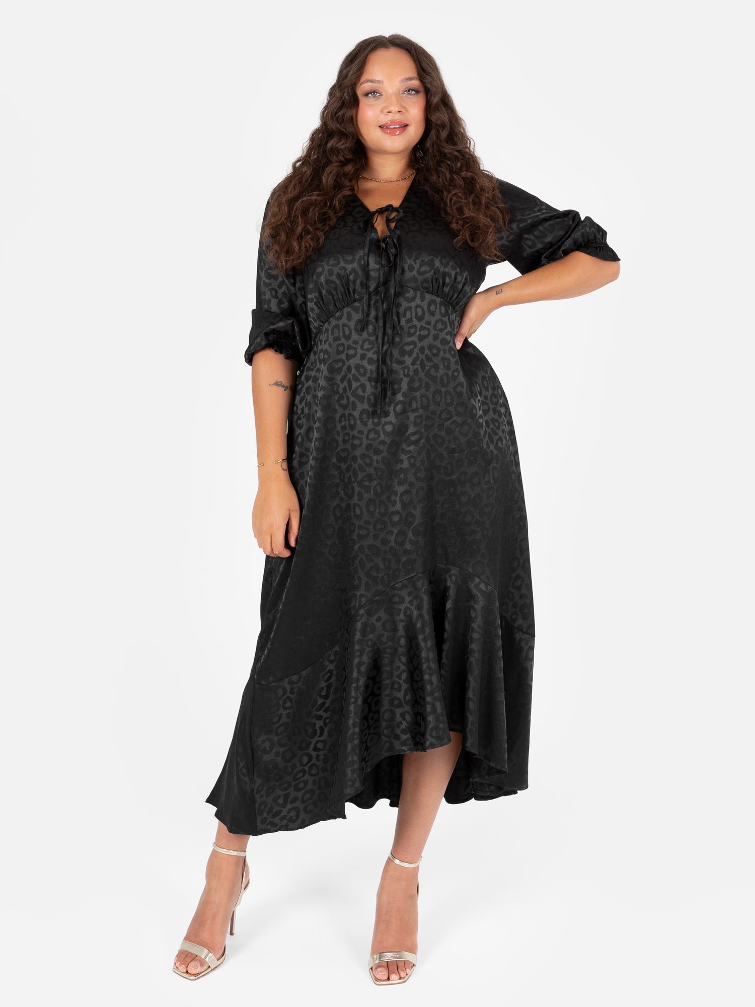 Lovedrobe Black Animal Jacquard Tie Neck High-Low Hem Dress