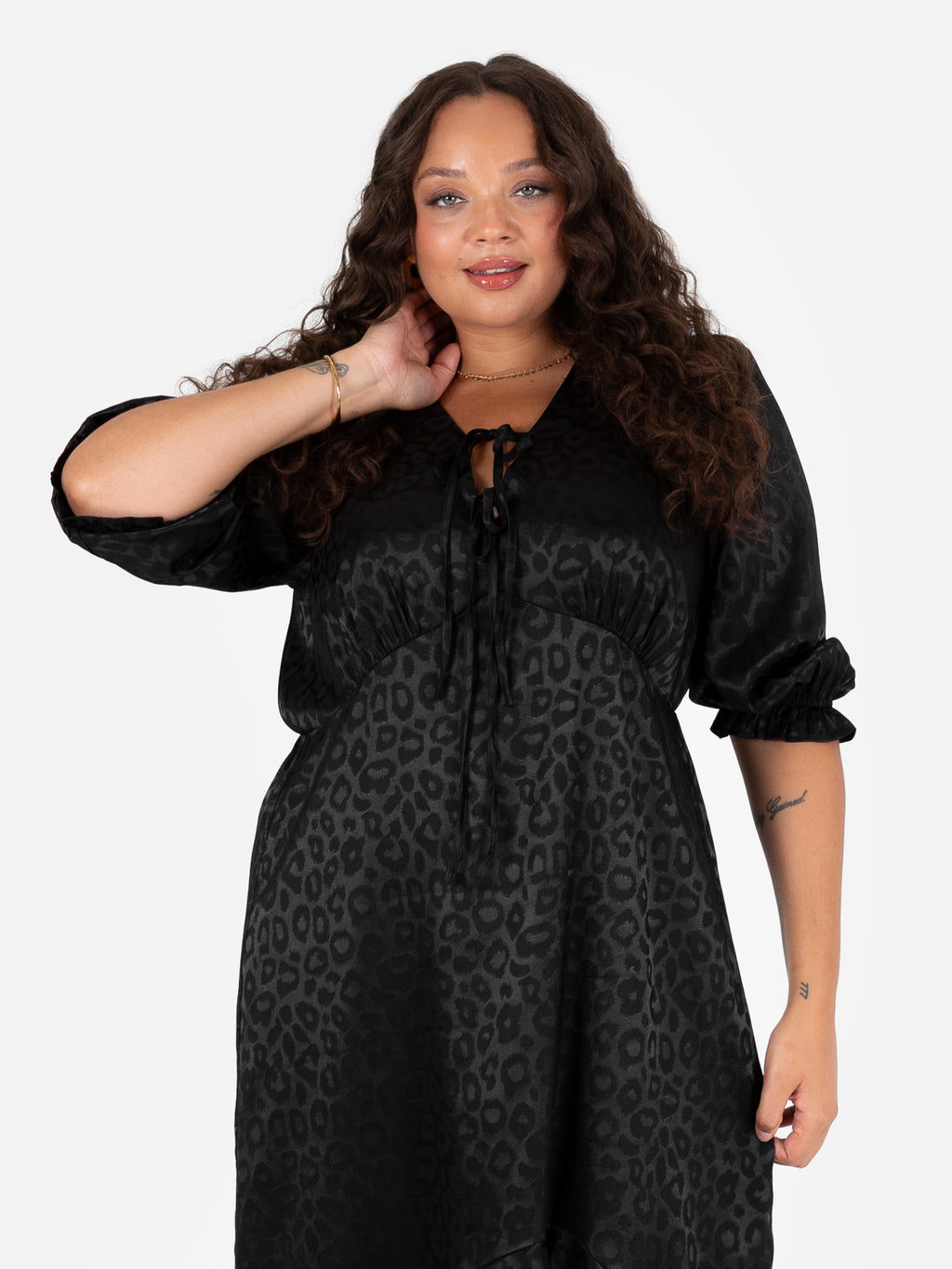 Lovedrobe Black Animal Jacquard Tie Neck High-Low Hem Dress