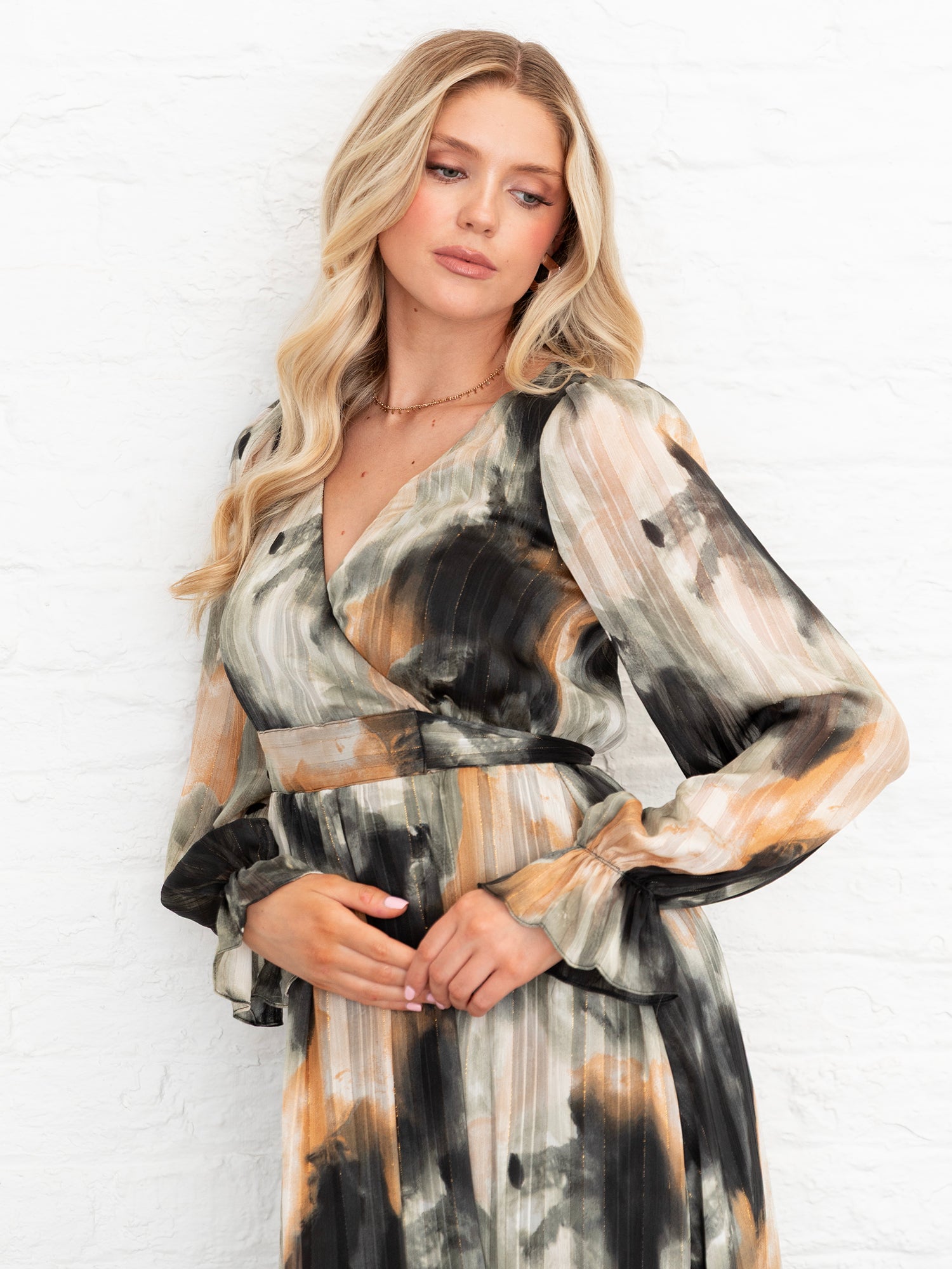 Lovedrobe Faux Wrap Long Sleeve Tie Back Midaxi Dress