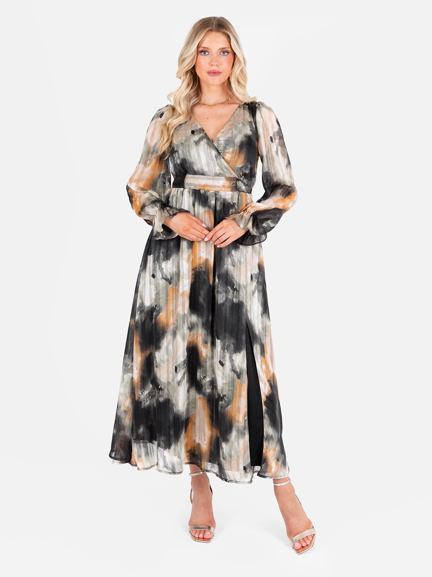Lovedrobe Faux Wrap Long Sleeve Tie Back Midaxi Dress
