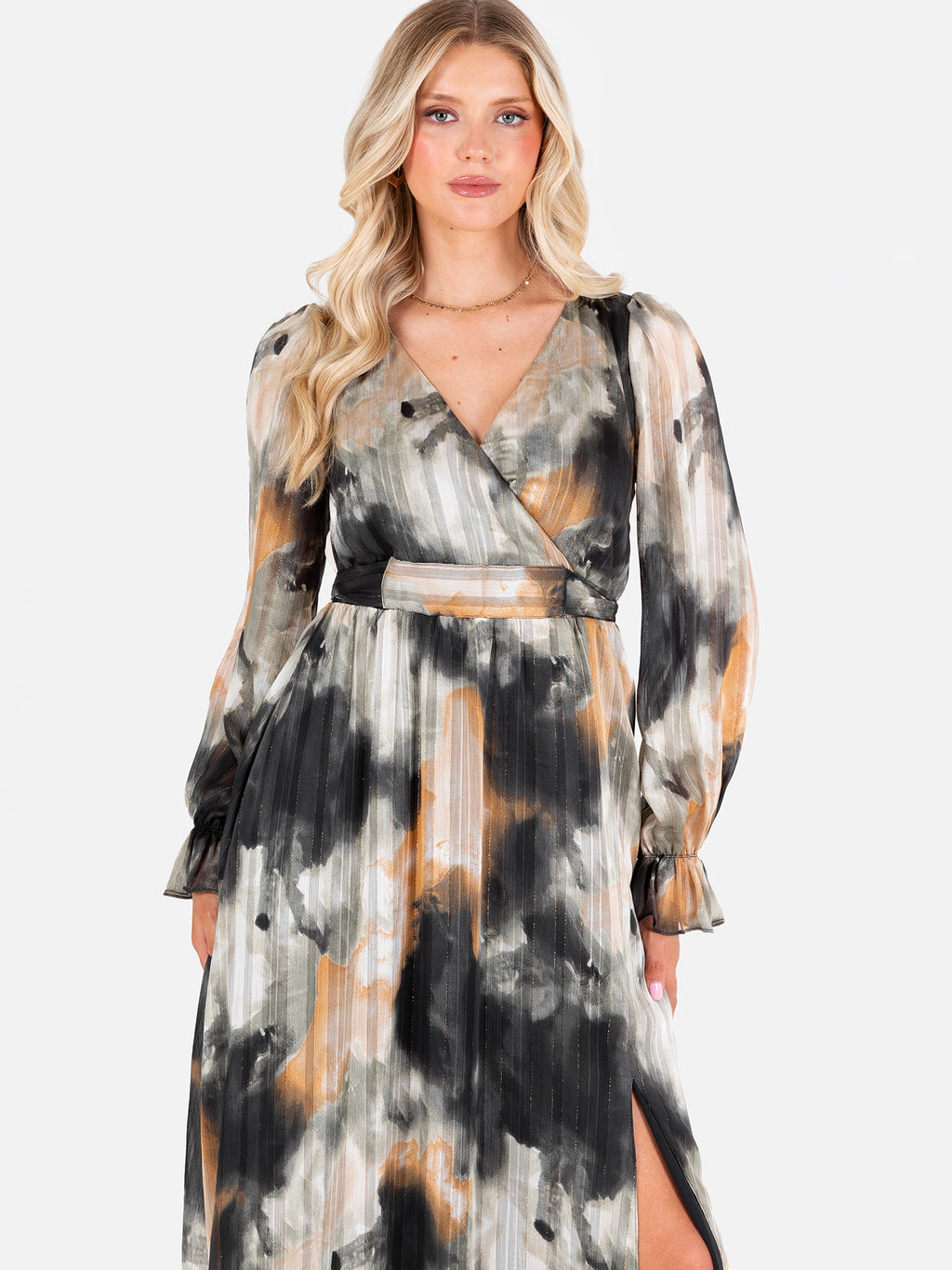 Lovedrobe Faux Wrap Long Sleeve Tie Back Midaxi Dress