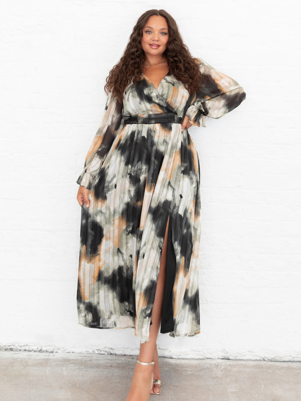 Lovedrobe Faux Wrap Long Sleeve Tie Back Midaxi Dress