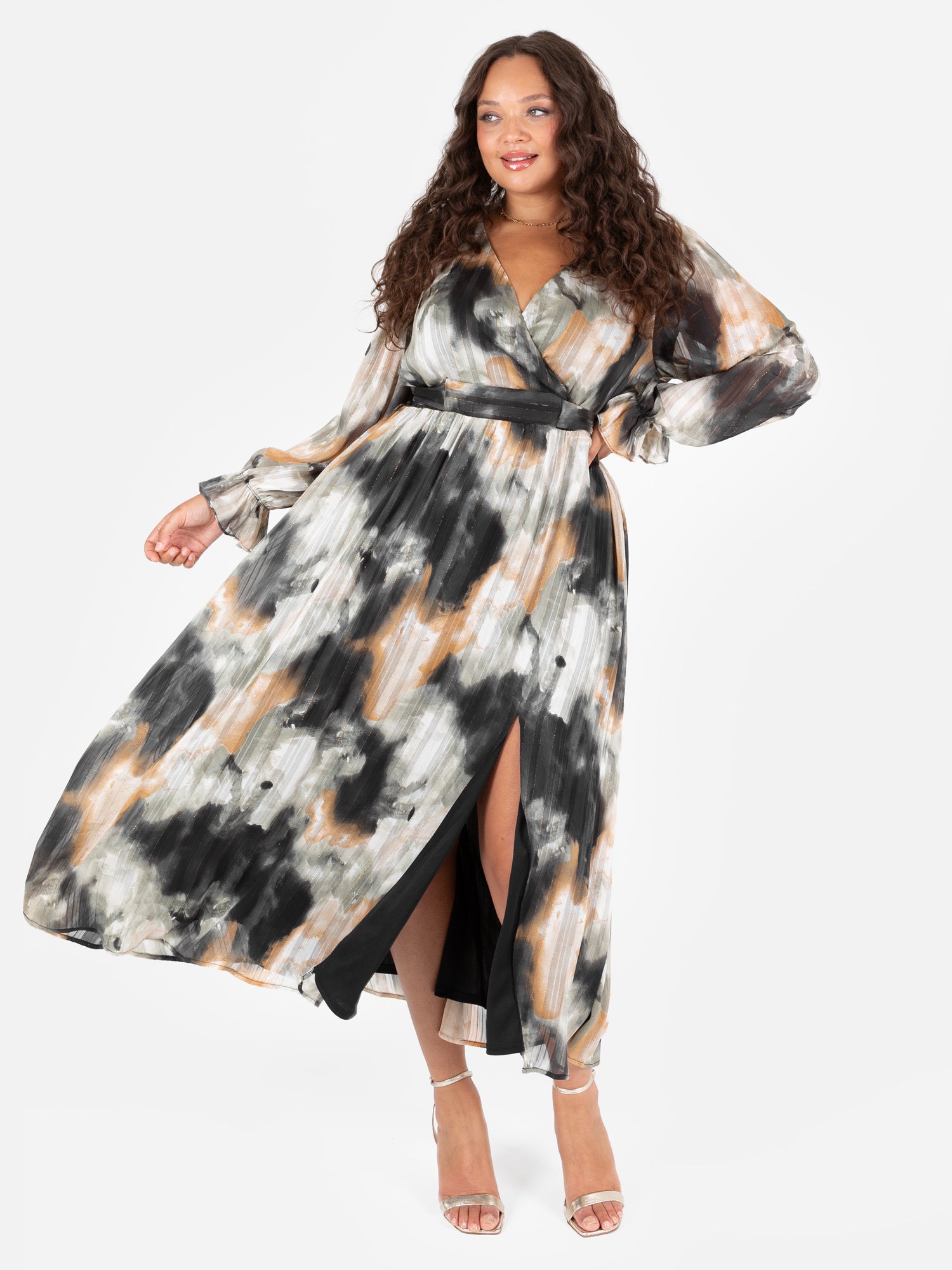 Lovedrobe Faux Wrap Long Sleeve Tie Back Midaxi Dress