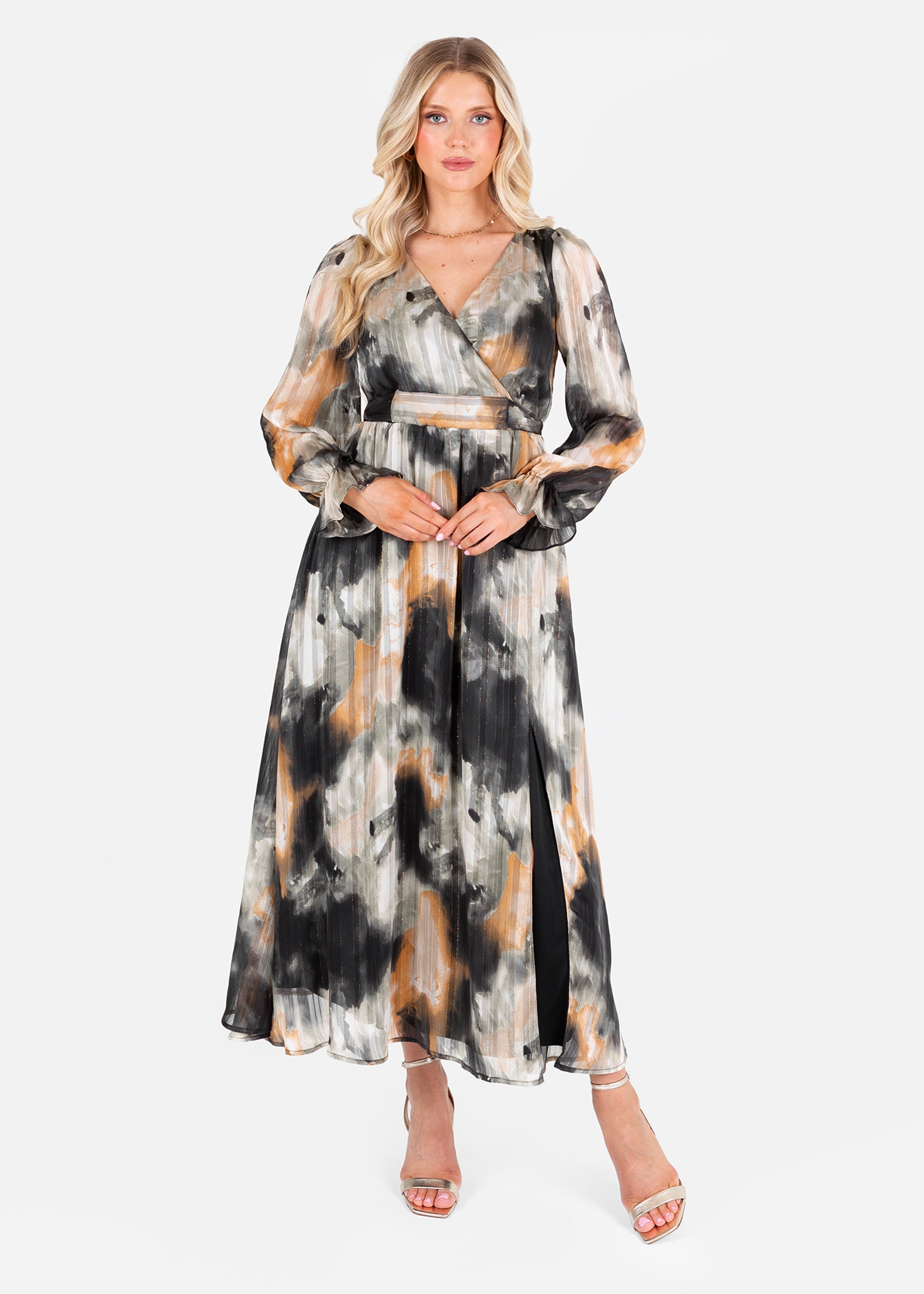 Lovedrobe Faux Wrap Long Sleeve Tie Back Midaxi Dress