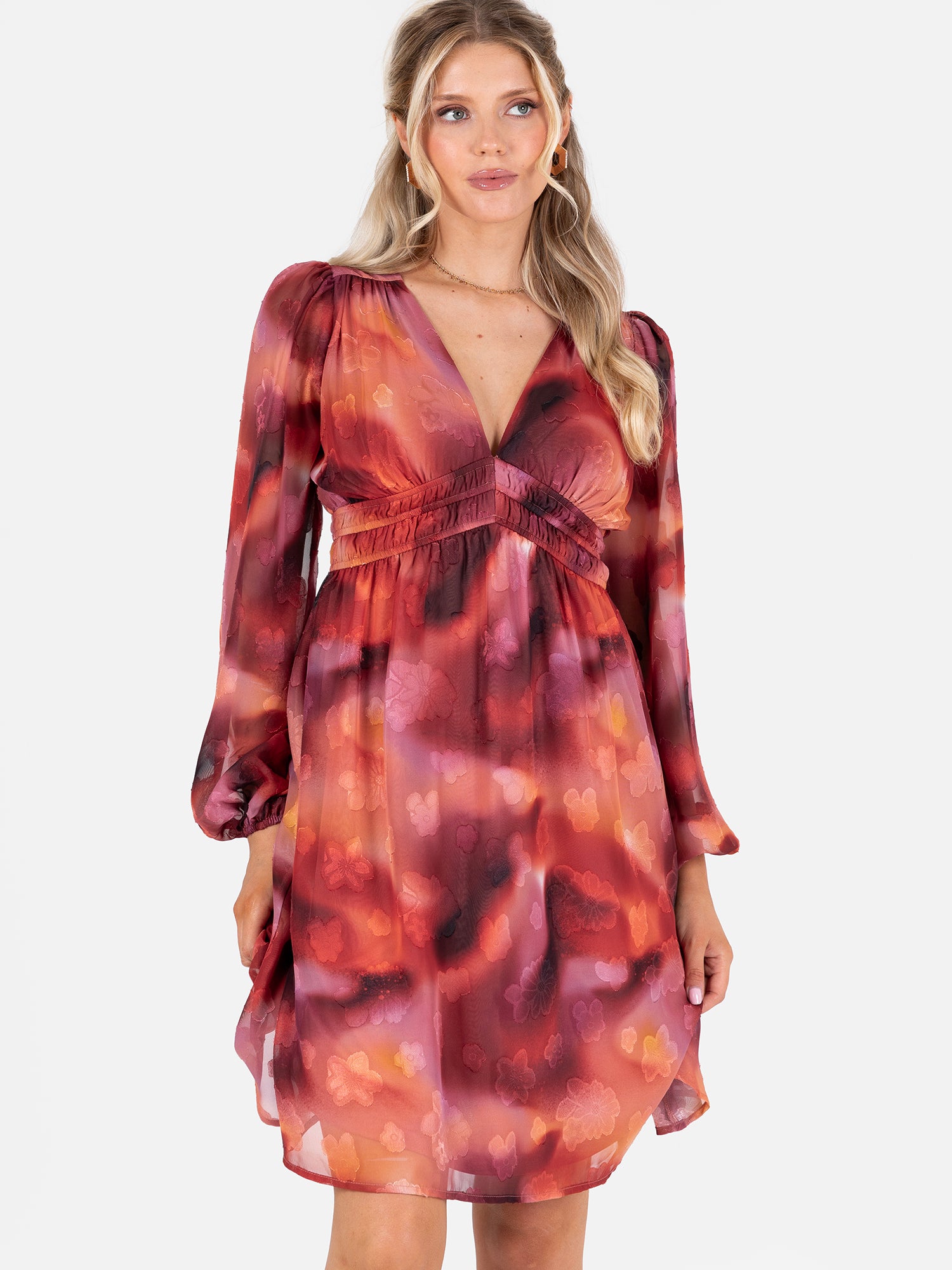Lovedrobe Floral Burnout Long Sleeve V Neck Mini Dress