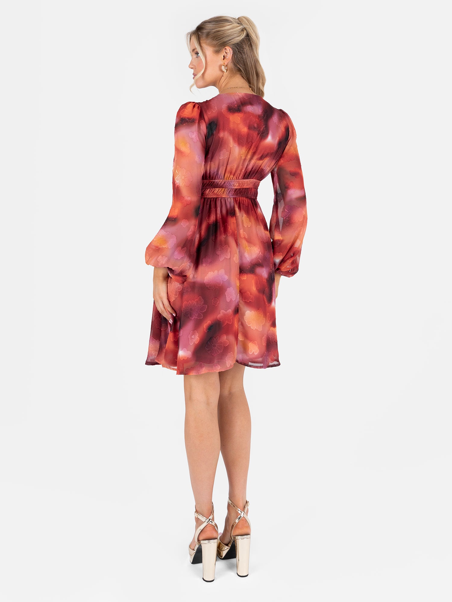 Lovedrobe Floral Burnout Long Sleeve V Neck Mini Dress