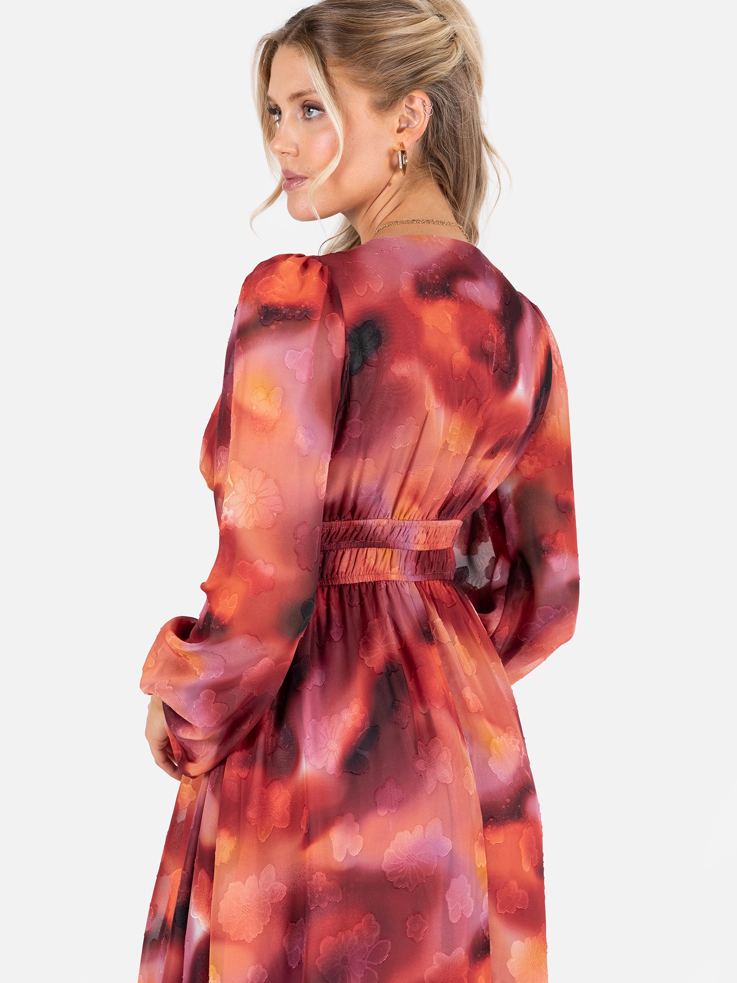 Lovedrobe Floral Burnout Long Sleeve V Neck Mini Dress