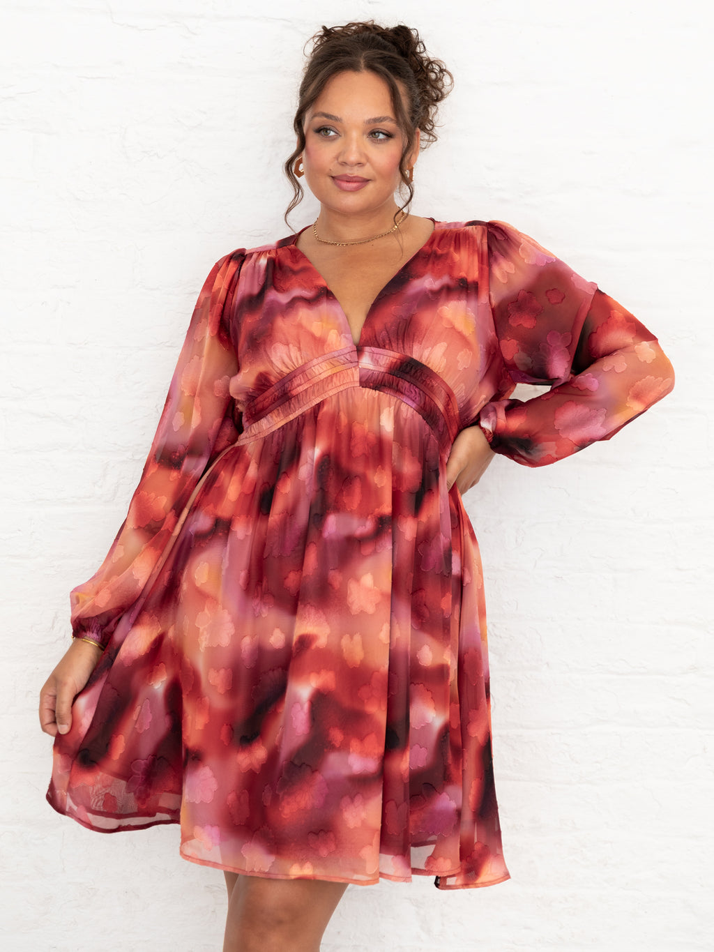 Lovedrobe Floral Burnout Long Sleeve V Neck Mini Dress