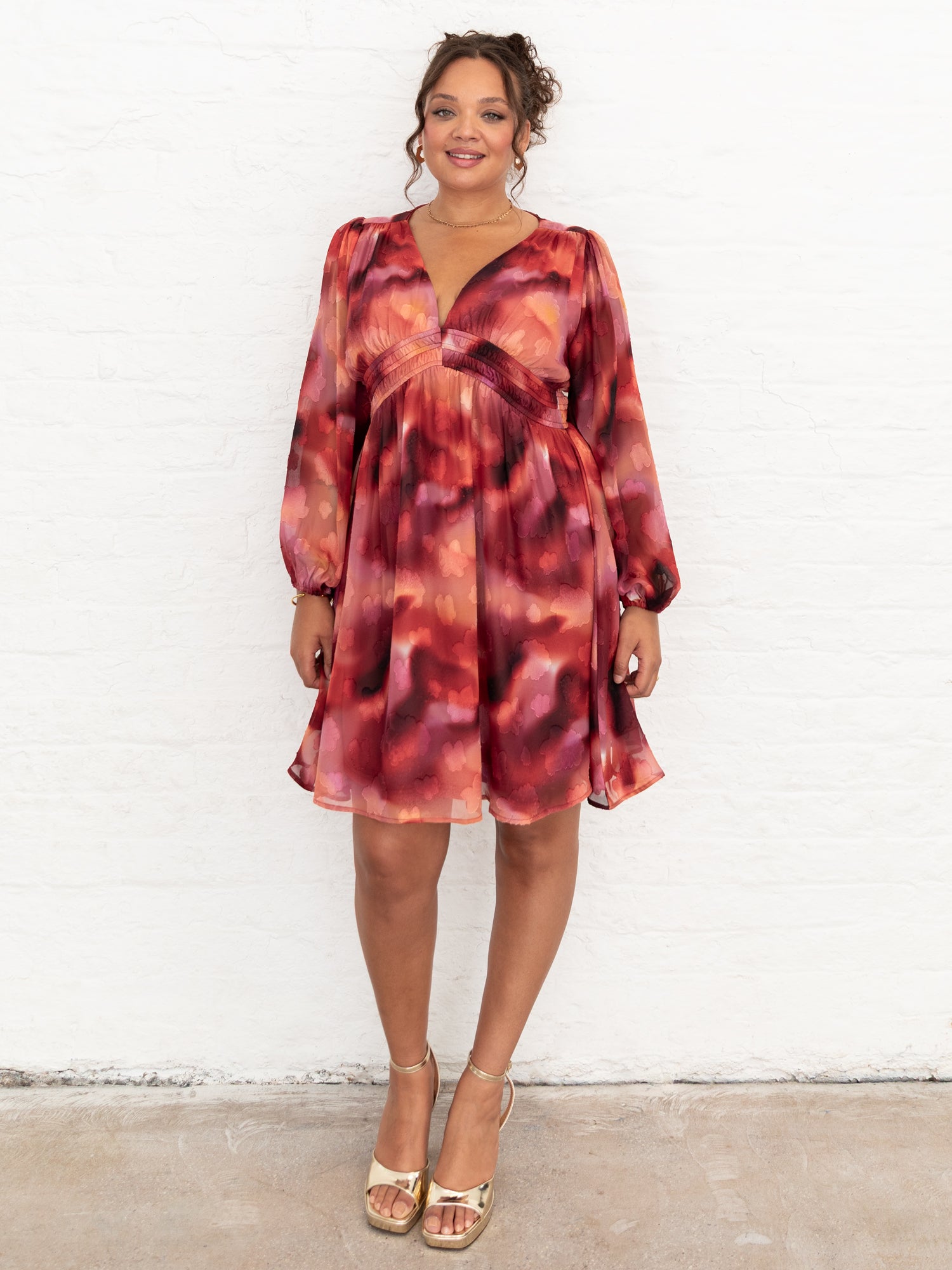 Lovedrobe Floral Burnout Long Sleeve V Neck Mini Dress