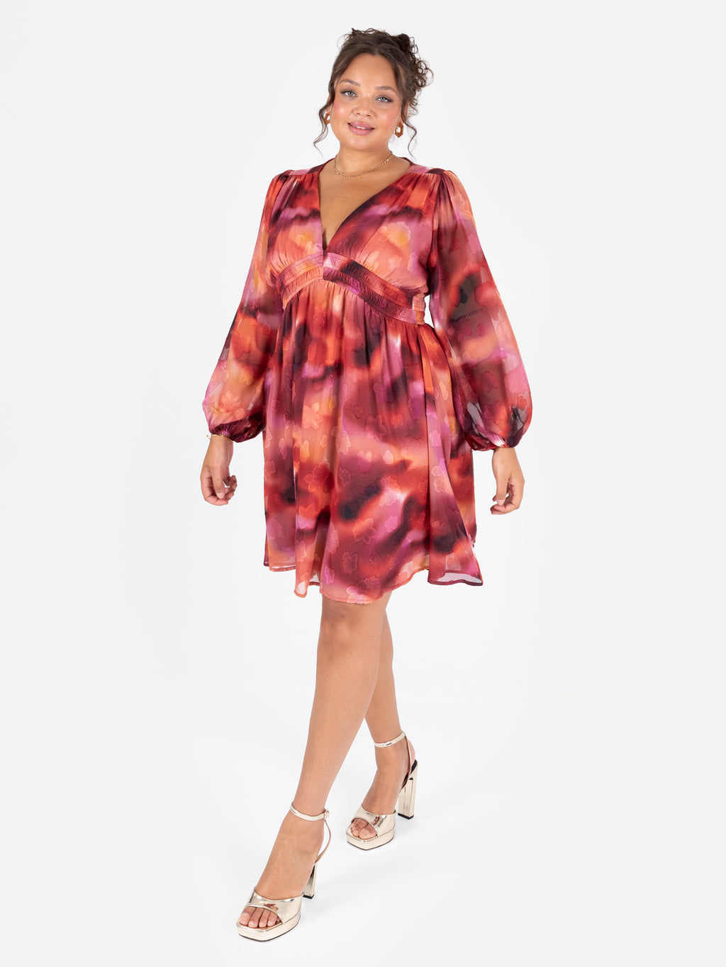 Lovedrobe Floral Burnout Long Sleeve V Neck Mini Dress