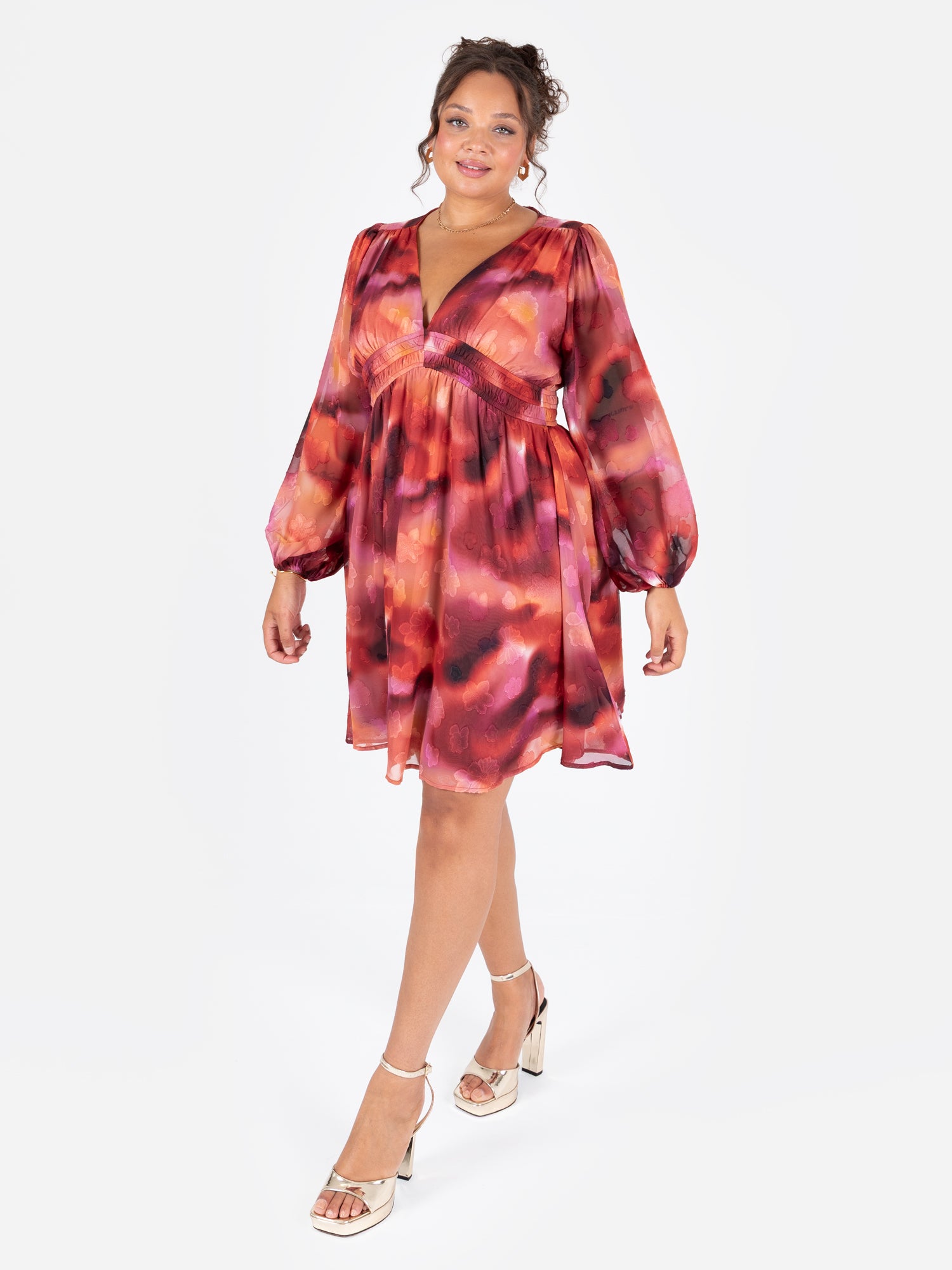 Lovedrobe Floral Burnout Long Sleeve V Neck Mini Dress