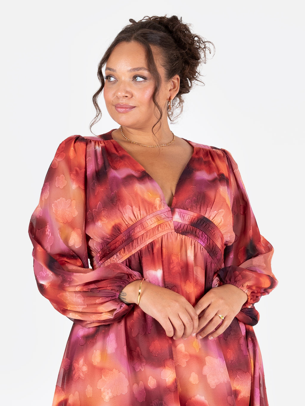 Lovedrobe Floral Burnout Long Sleeve V Neck Mini Dress